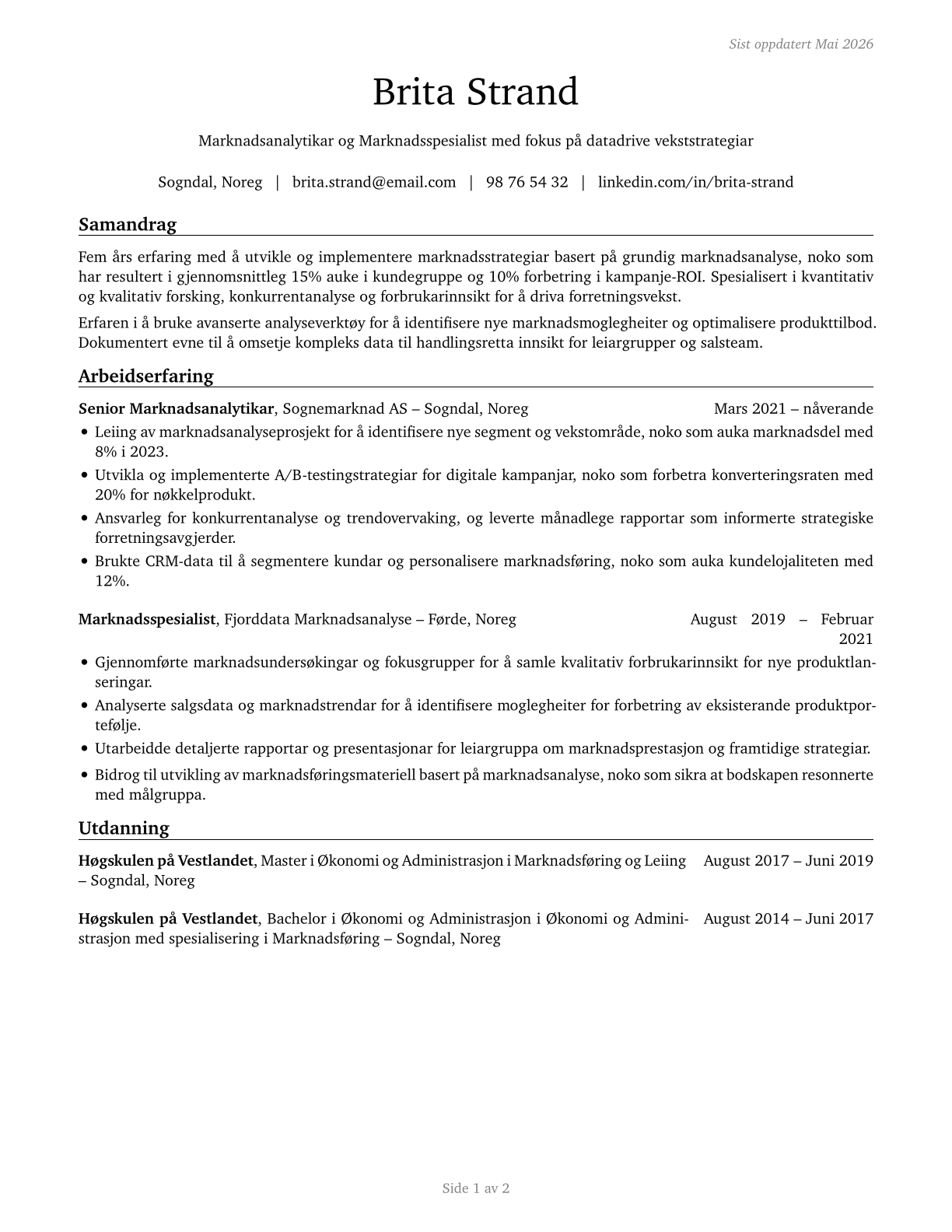 Market Research Analysts and Marketing Specialists CV in Norwegian_nynorsk — page 1