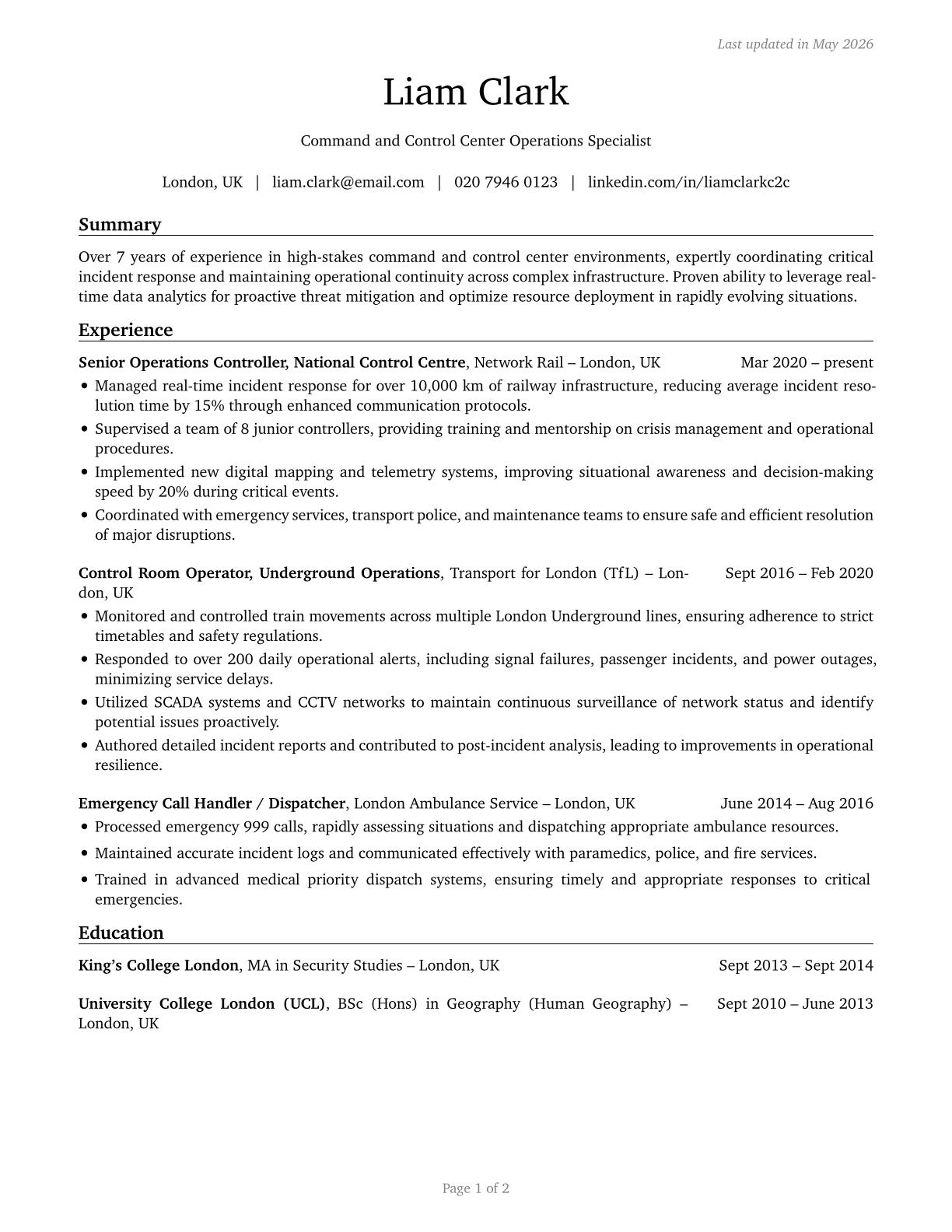 Command and Control Center Specialists CV in English — page 1