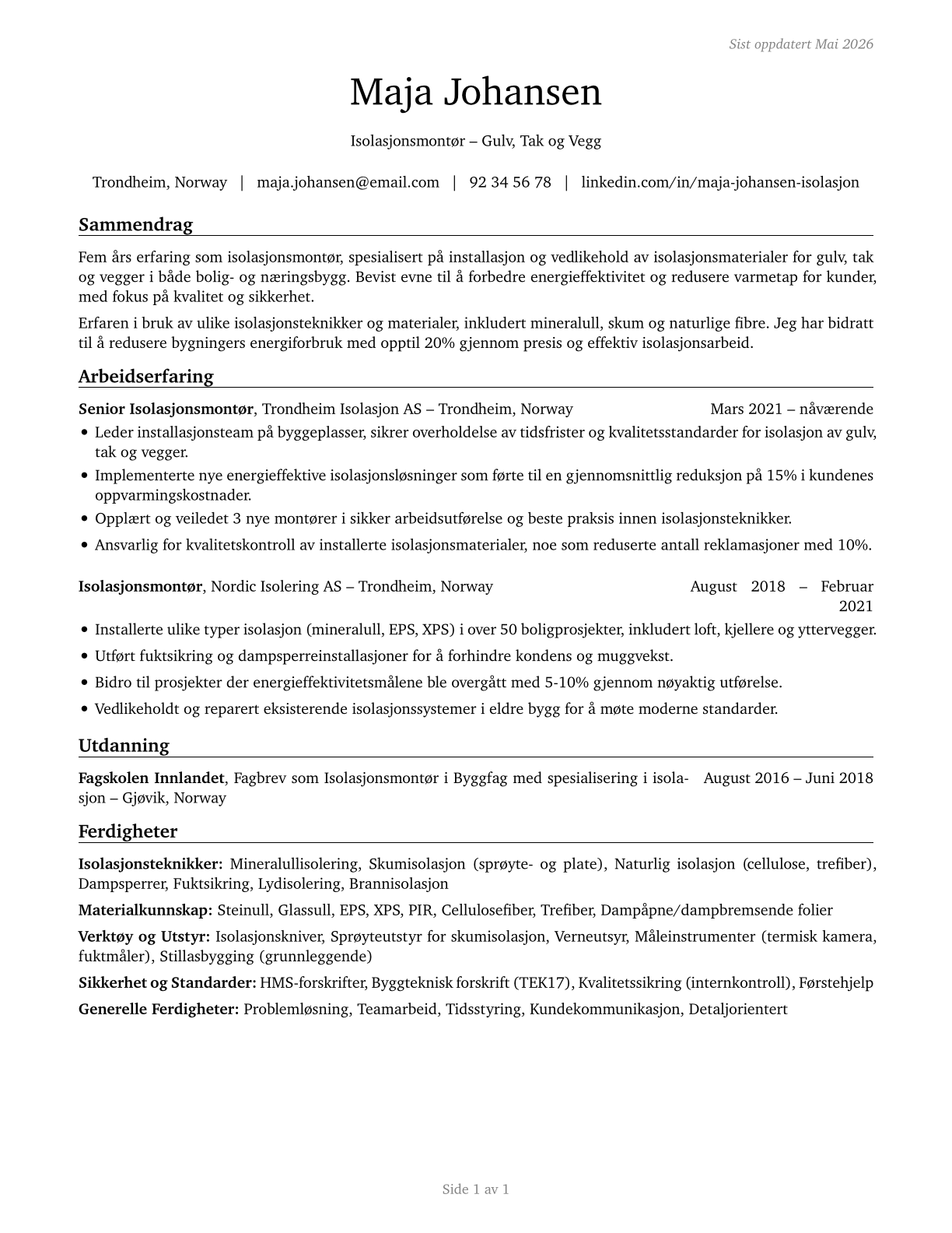 Insulation Workers, Floor, Ceiling, and Wall CV in Norwegian_bokmal — page 1