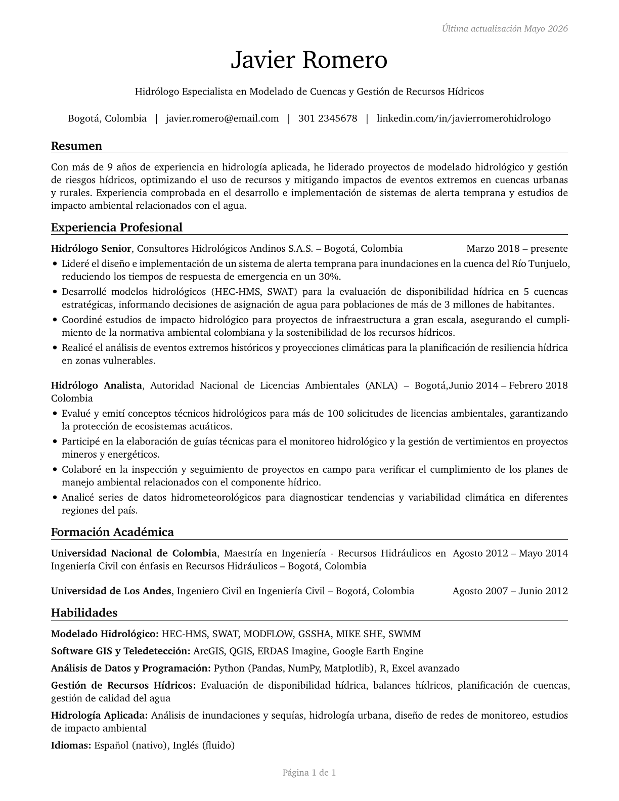 Hydrologists CV in Spanish — page 1