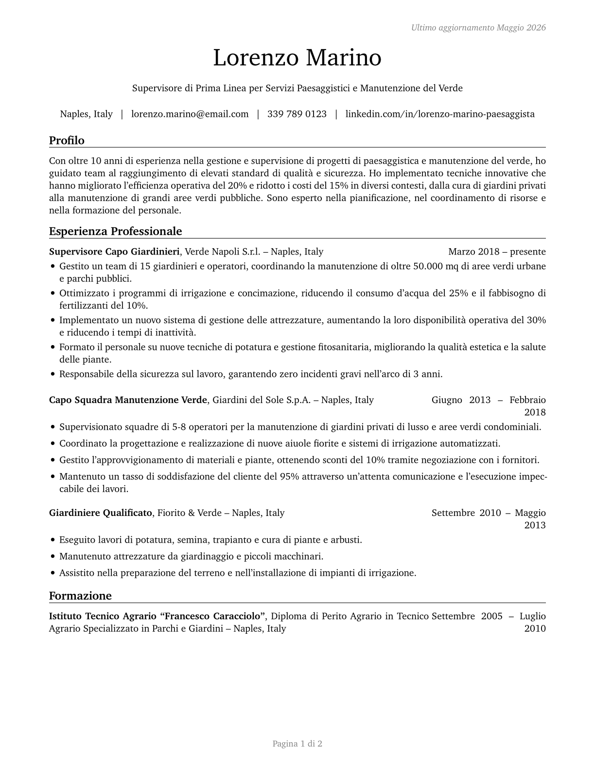 First-Line Supervisors of Landscaping, Lawn Service, and Groundskeeping Workers CV in Italian — page 1