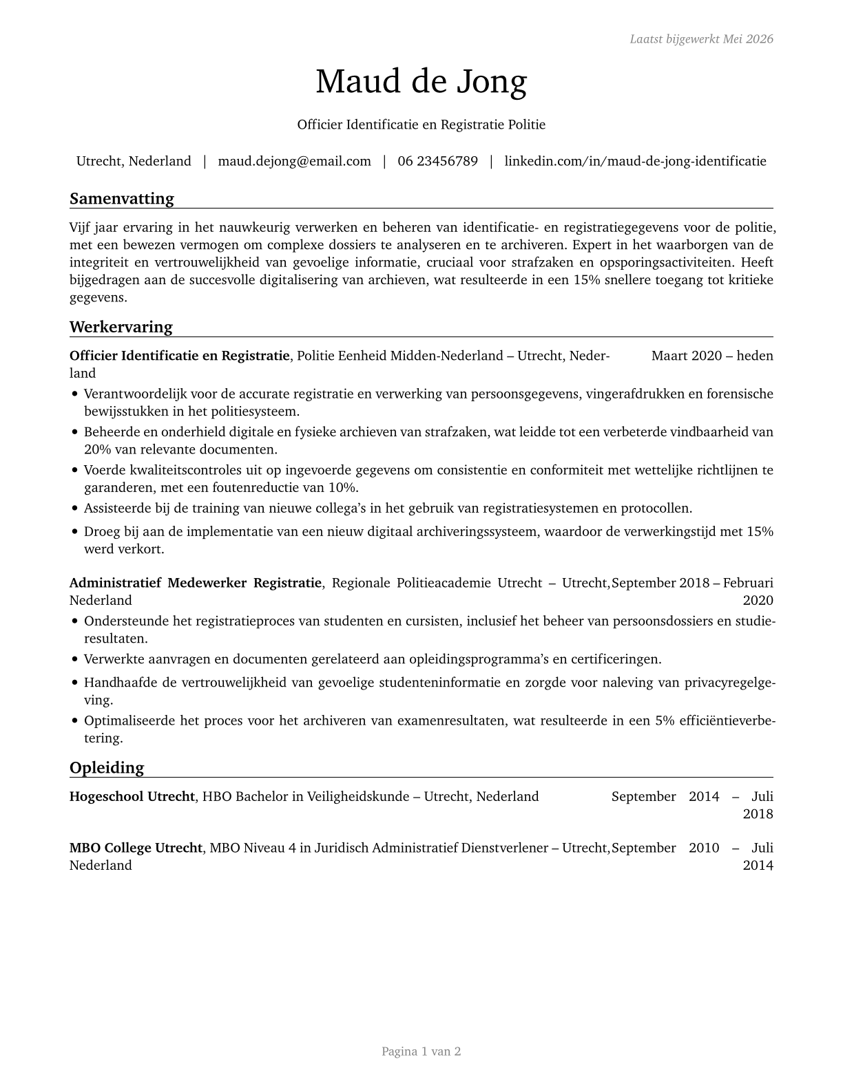 Police Identification and Records Officers CV in Dutch — page 1