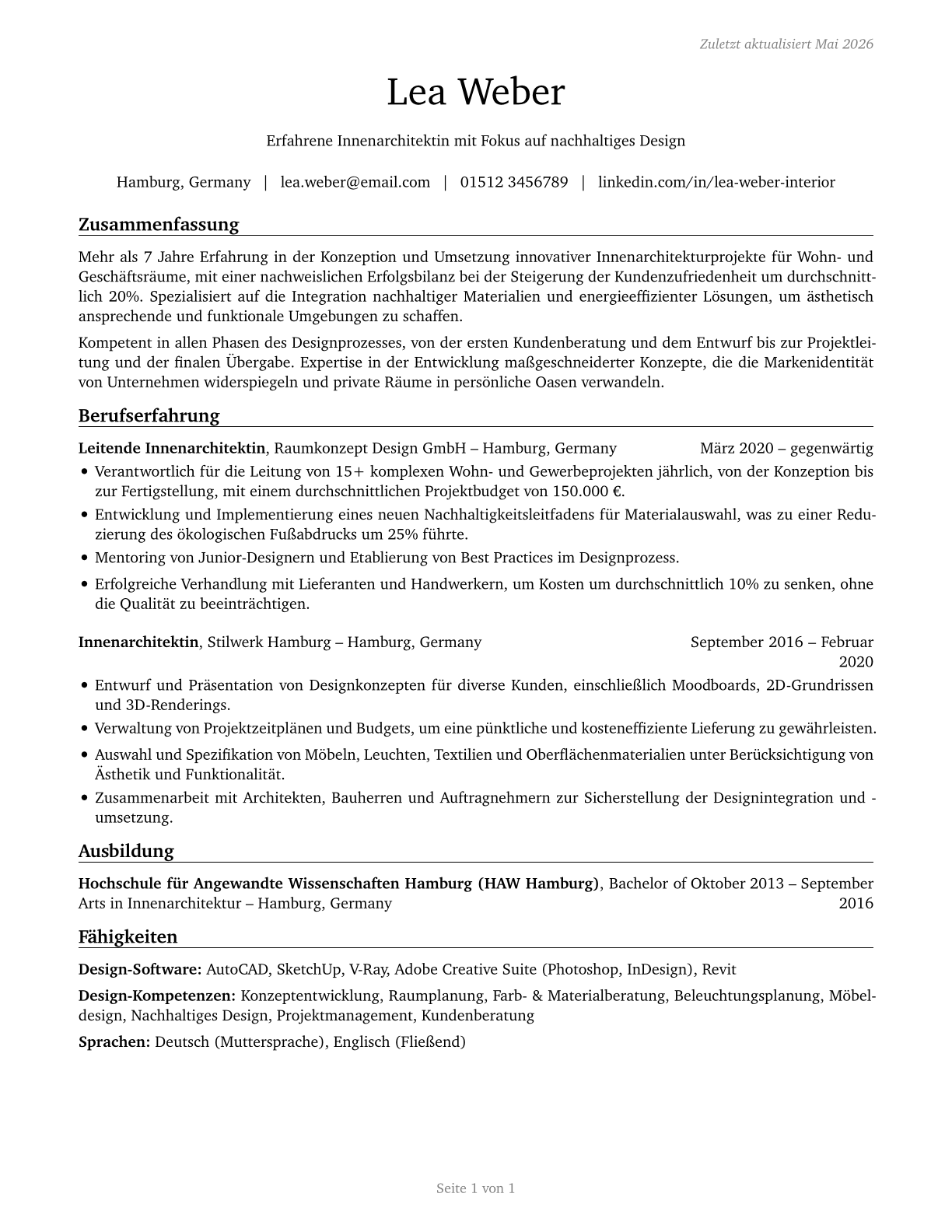 Interior Designers CV in German — page 1