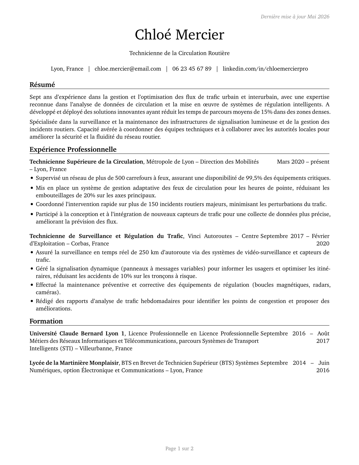 Traffic Technicians CV in French — page 1