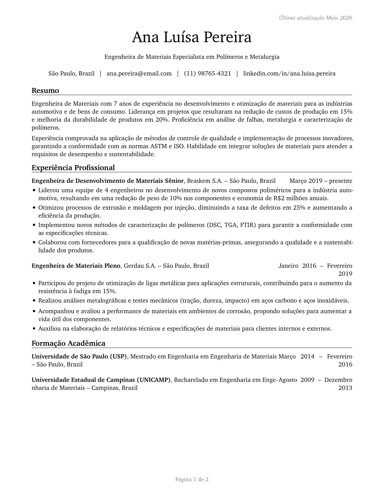 Materials Engineers CV in Portuguese — page 1
