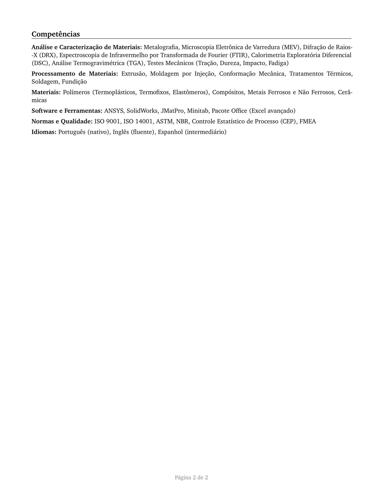 Materials Engineers CV in Portuguese — page 2