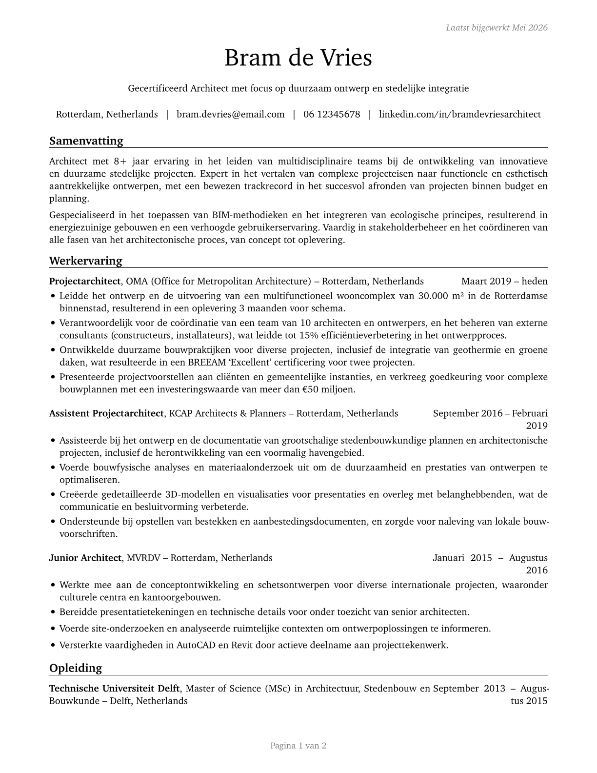 Architects, Except Landscape and Naval CV in Dutch — page 1