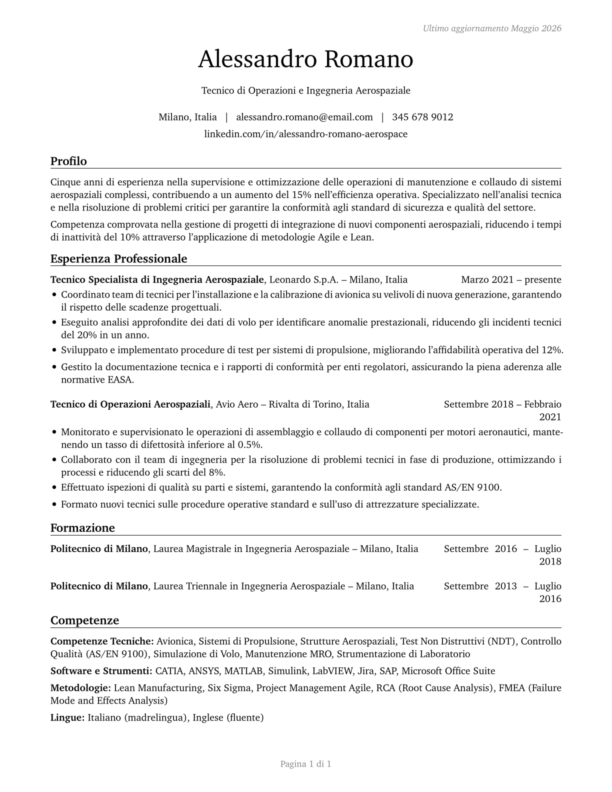 Aerospace Engineering and Operations Technologists and Technicians CV in Italian — page 1