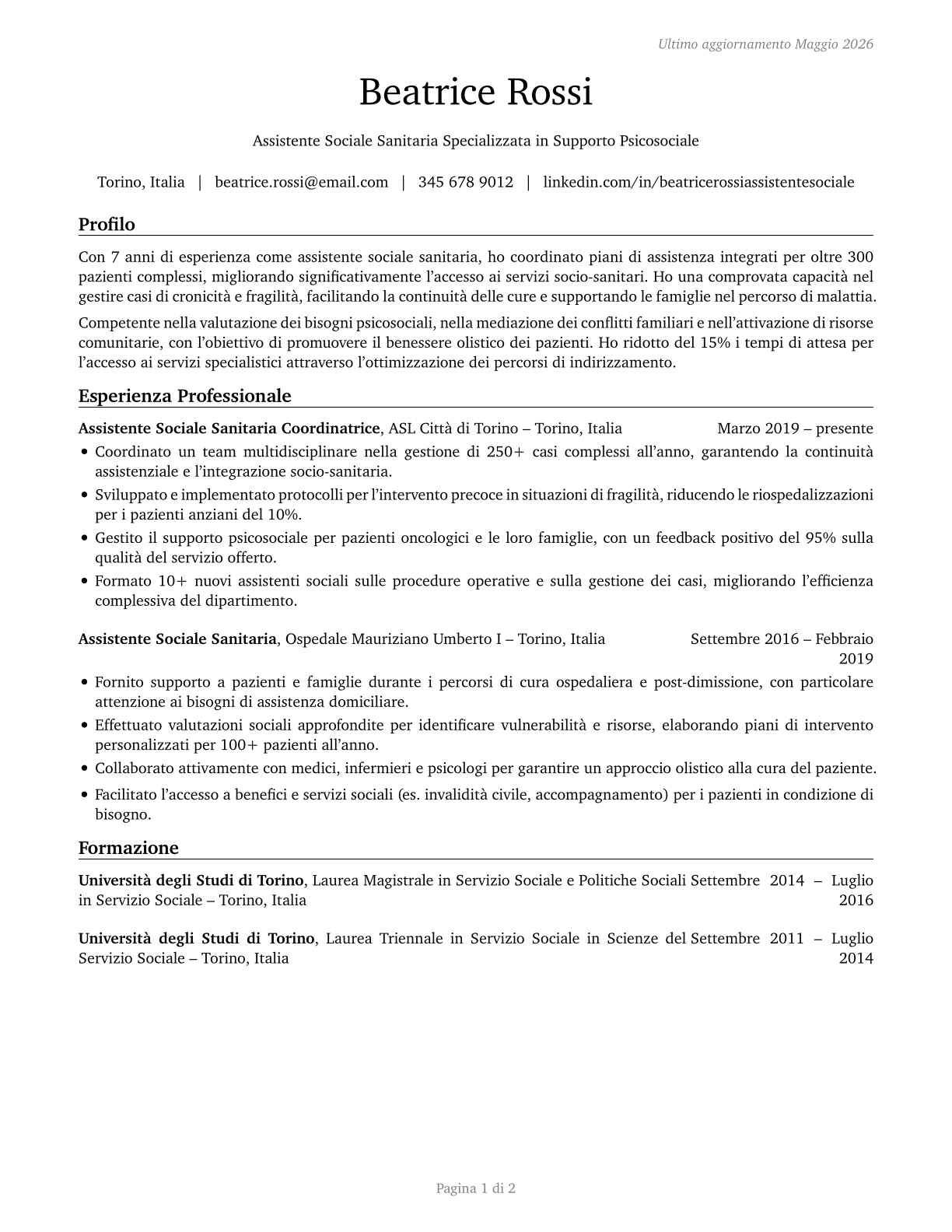 Healthcare Social Workers CV in Italian — page 1