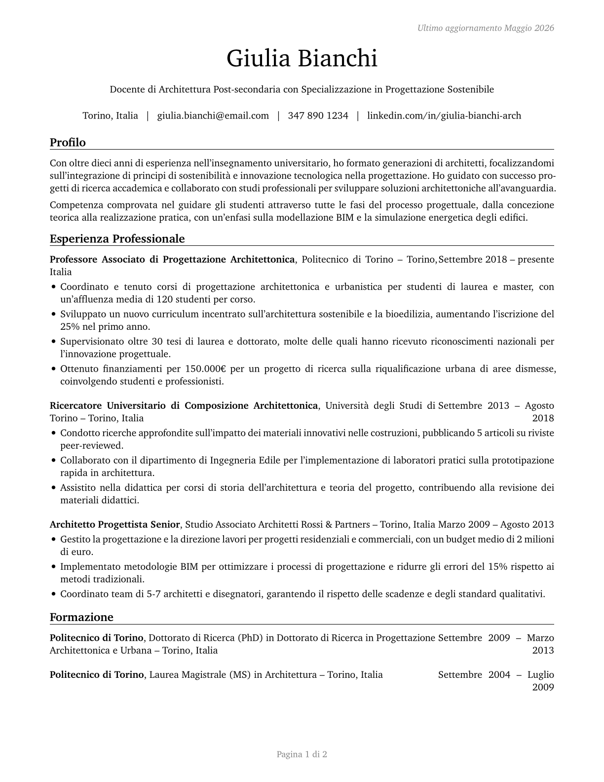 Architecture Teachers, Postsecondary CV in Italian — page 1