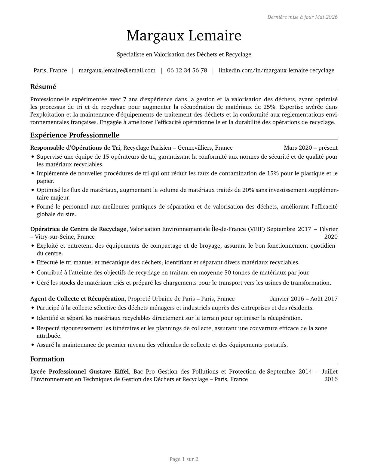 Recycling and Reclamation Workers CV in French — page 1