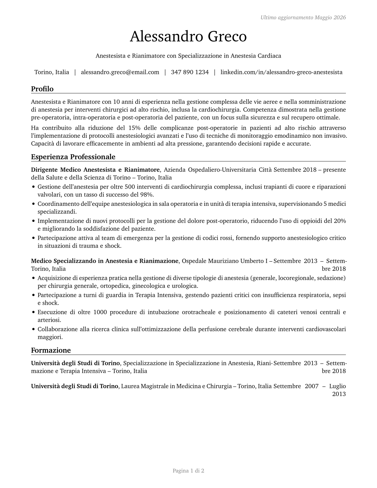 Anesthesiologists CV in Italian — page 1