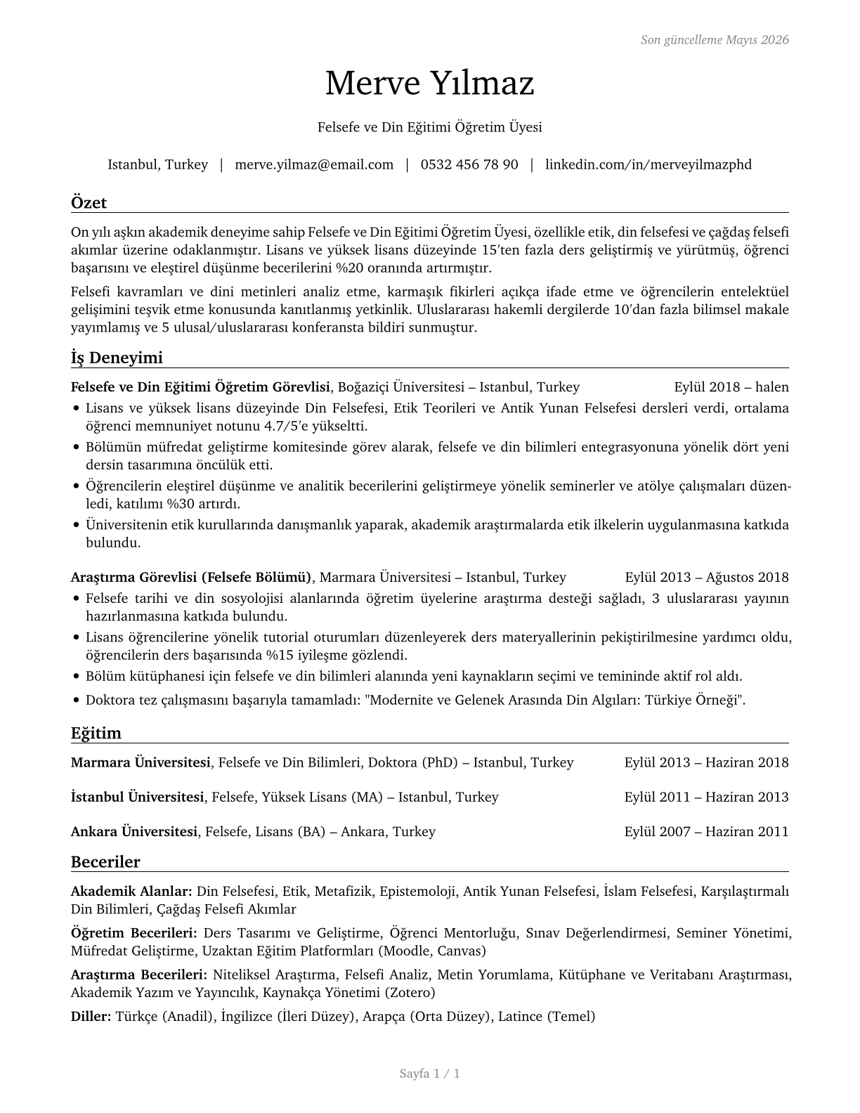 Philosophy and Religion Teachers, Postsecondary CV in Turkish — page 1
