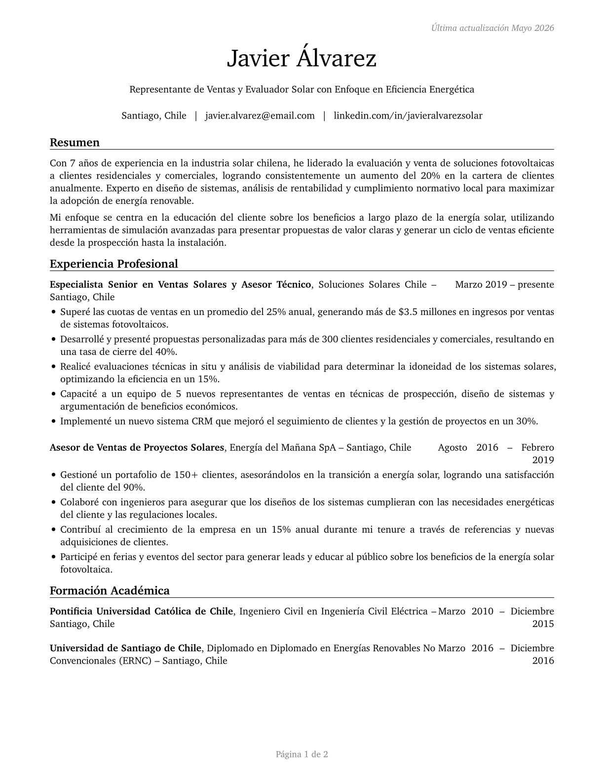 Solar Sales Representatives and Assessors CV in Spanish — page 1