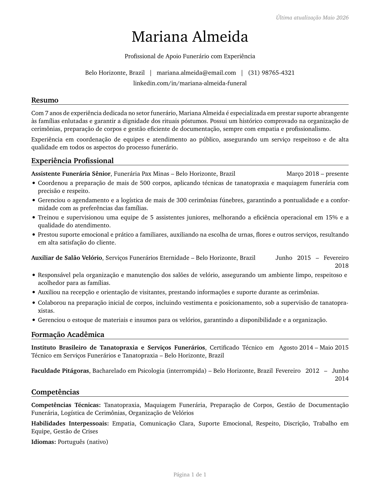 Funeral Attendants CV in Portuguese — page 1