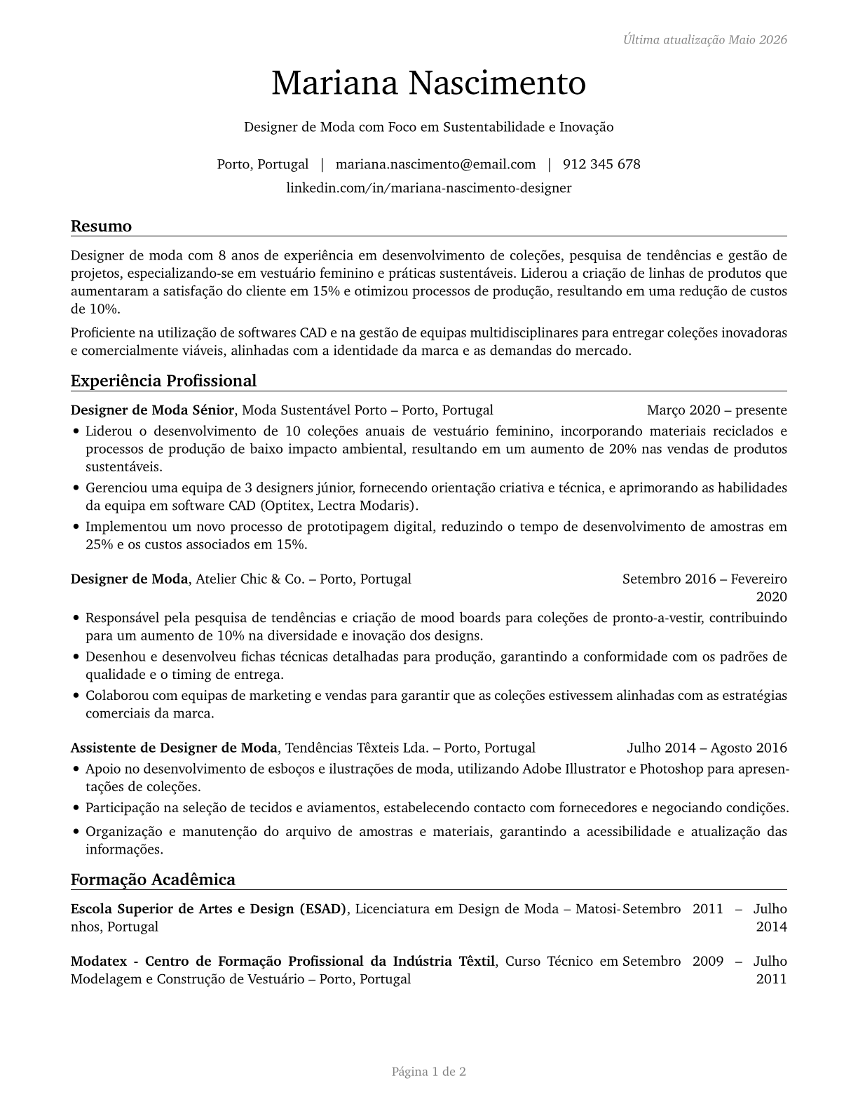 Fashion Designers CV in Portuguese — page 1