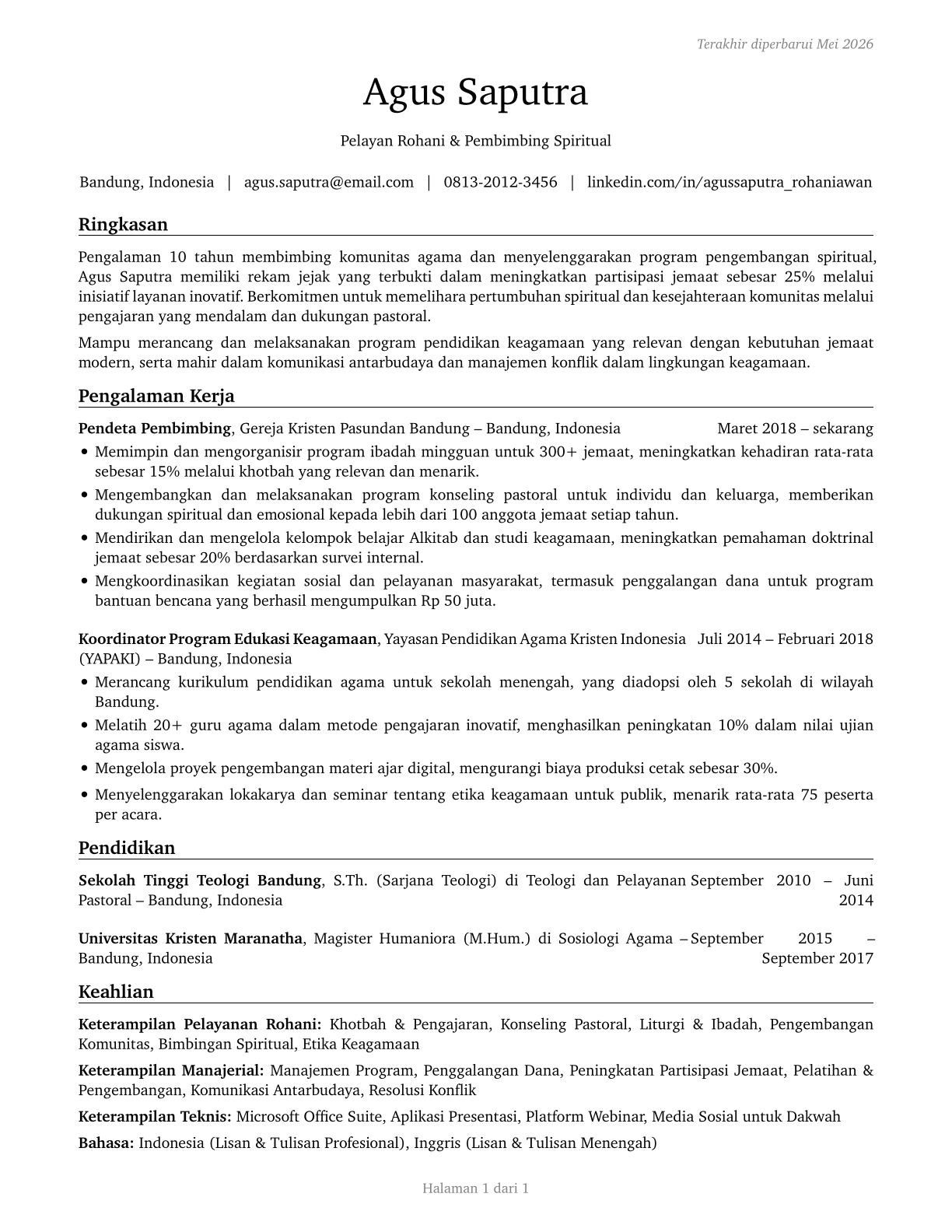 Religious Workers, All Other CV in Indonesian — page 1