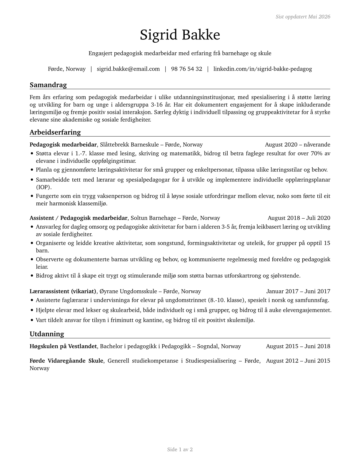 Teaching Assistants, Preschool, Elementary, Middle, and Secondary School, Except Special Education CV in Norwegian_nynorsk — page 1