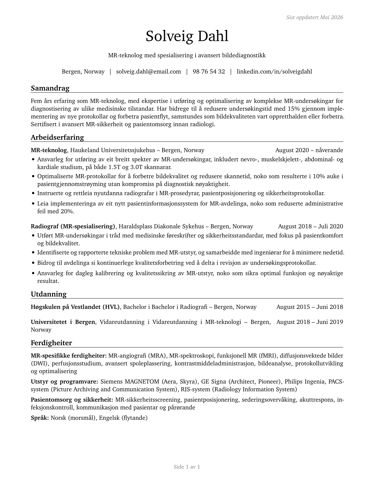 Magnetic Resonance Imaging Technologists CV in Norwegian_nynorsk — page 1