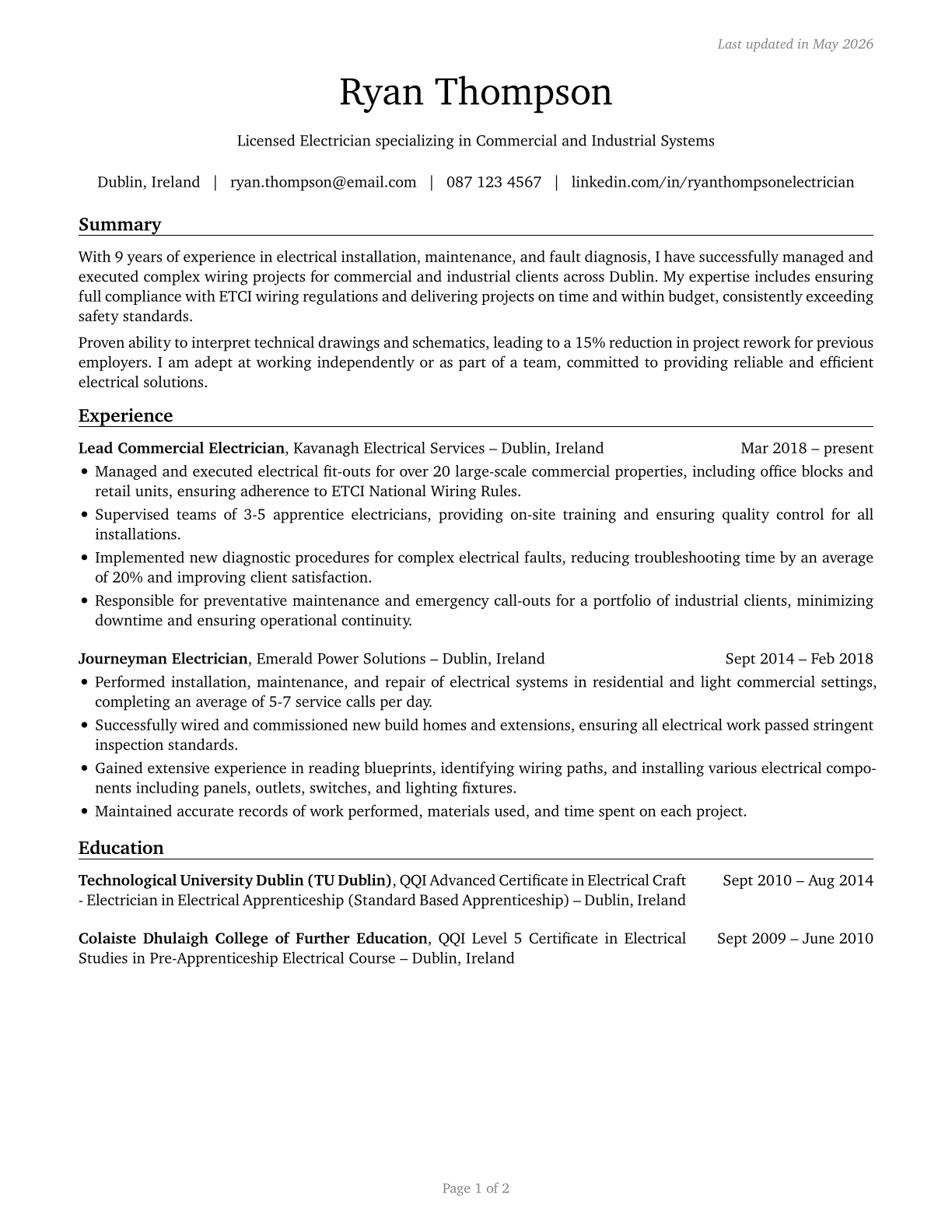 Electricians CV in English — page 1