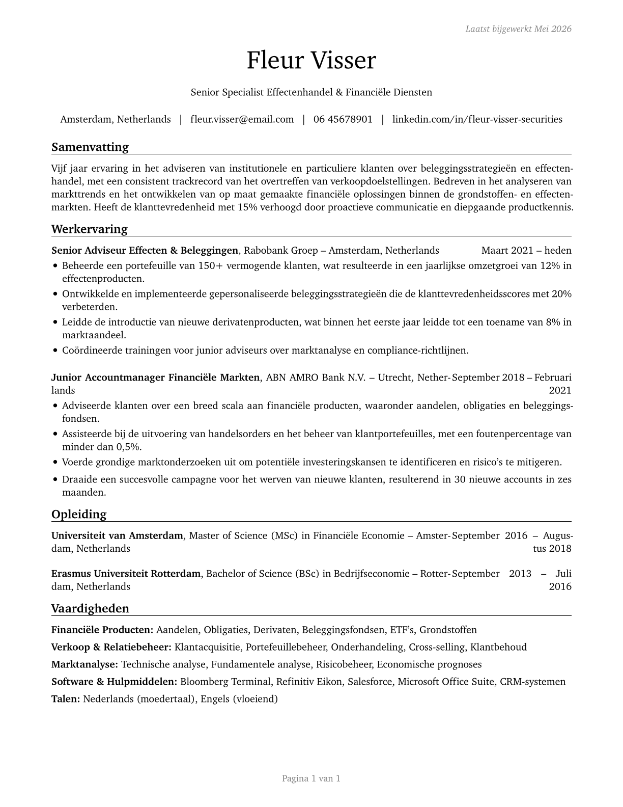 Securities, Commodities, and Financial Services Sales Agents CV in Dutch — page 1