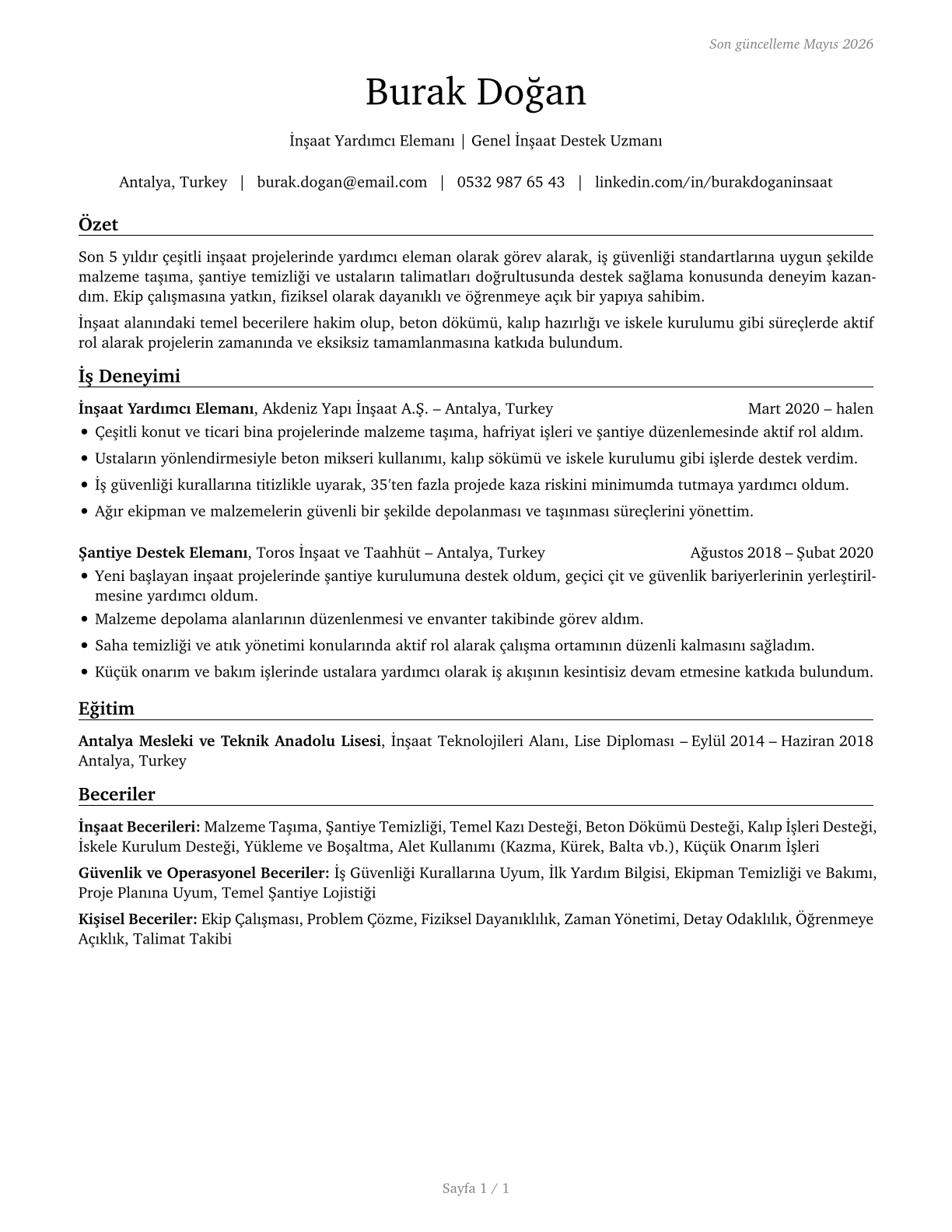 Helpers, Construction Trades, All Other CV in Turkish — page 1