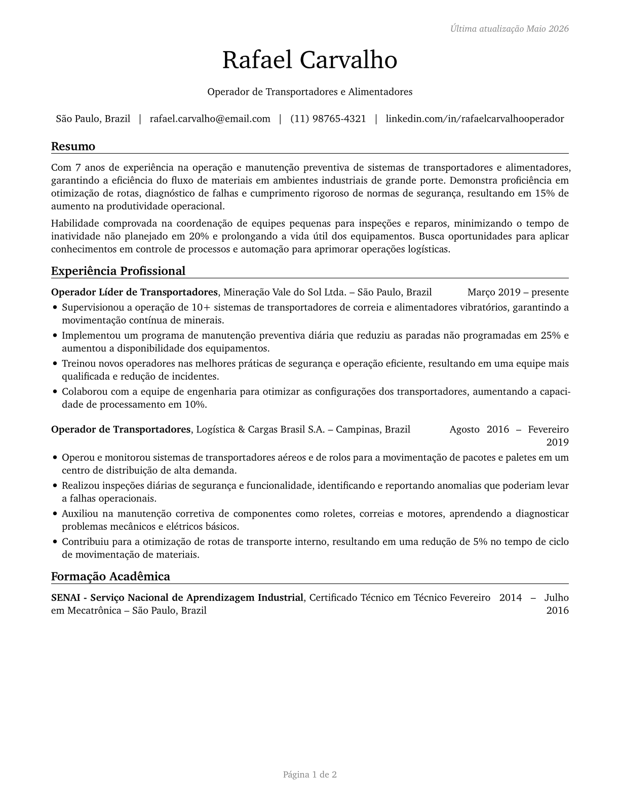 Conveyor Operators and Tenders CV in Portuguese — page 1