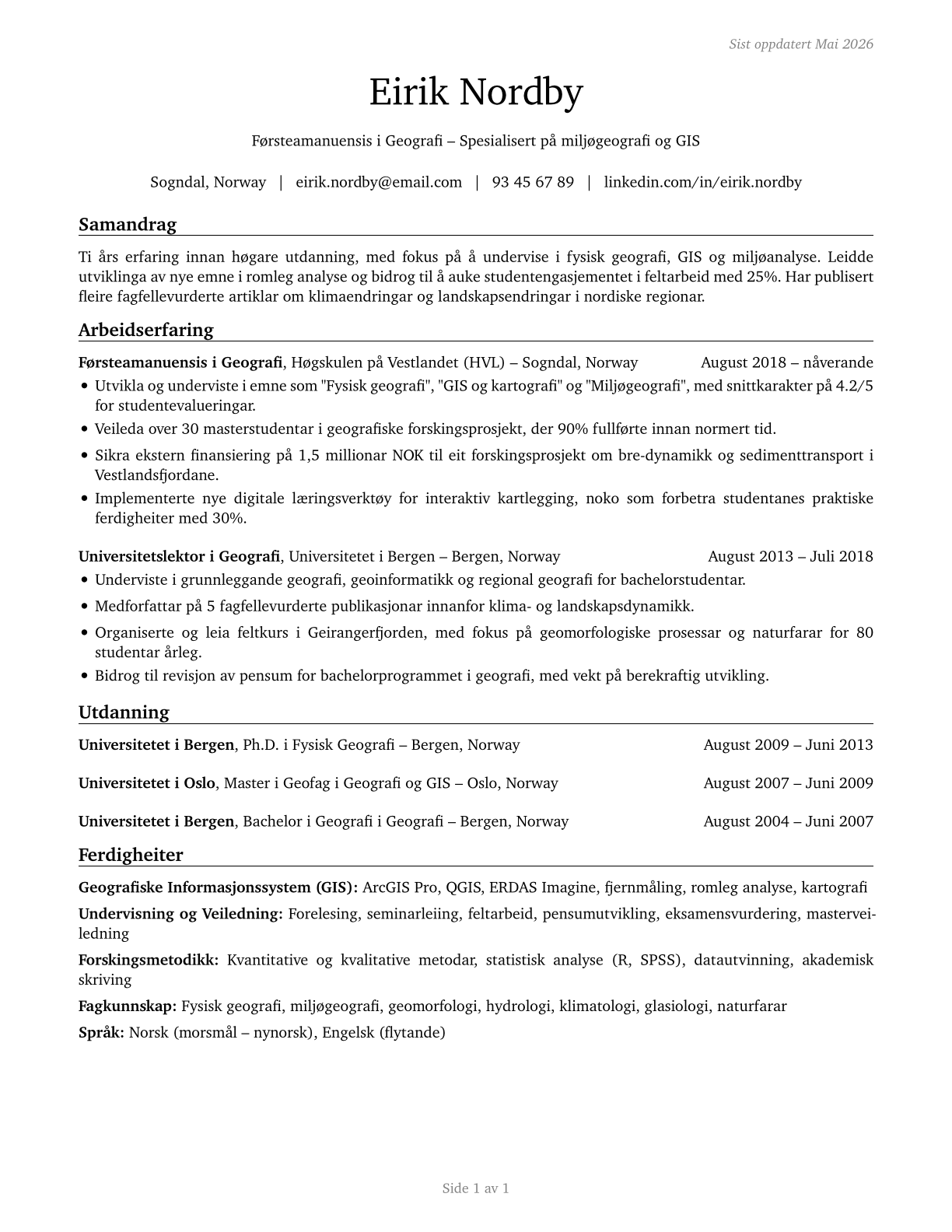 Geography Teachers, Postsecondary CV in Norwegian_nynorsk — page 1