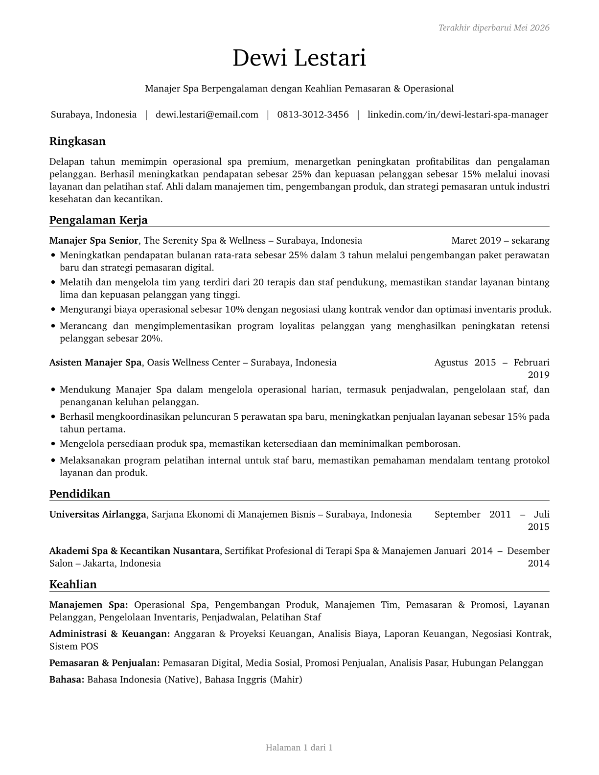 Spa Managers CV in Indonesian — page 1