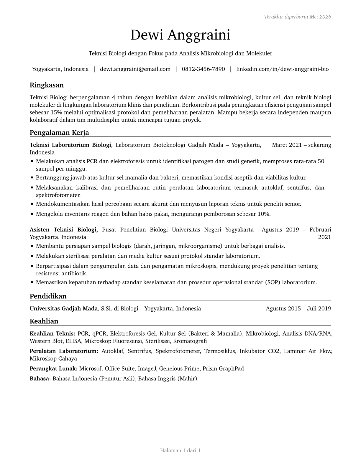 Biological Technicians CV in Indonesian — page 1