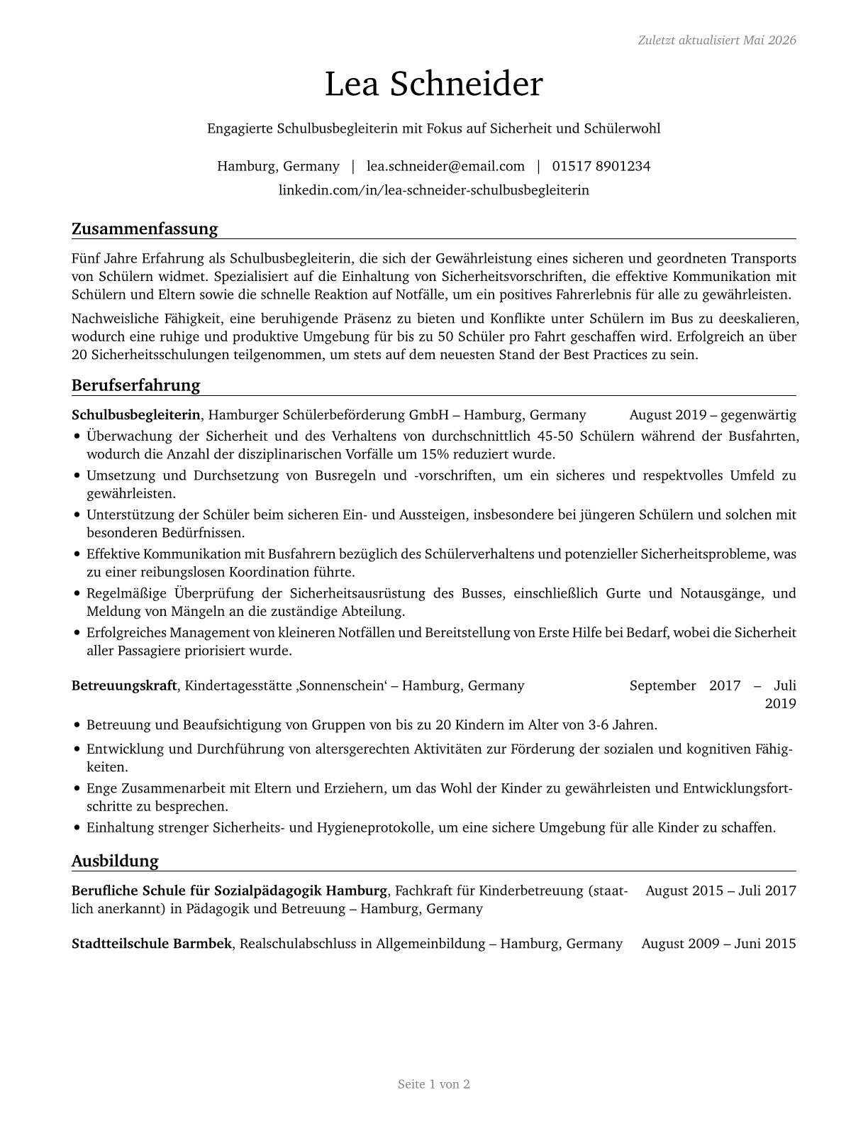 School Bus Monitors CV in German — page 1