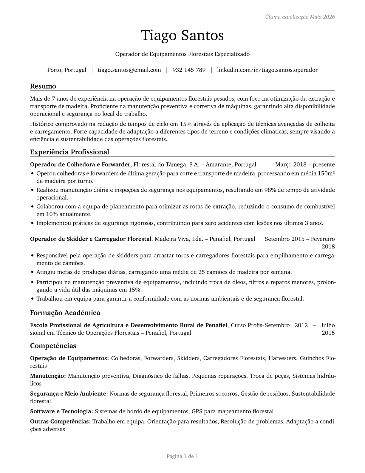Logging Equipment Operators CV in Portuguese — page 1