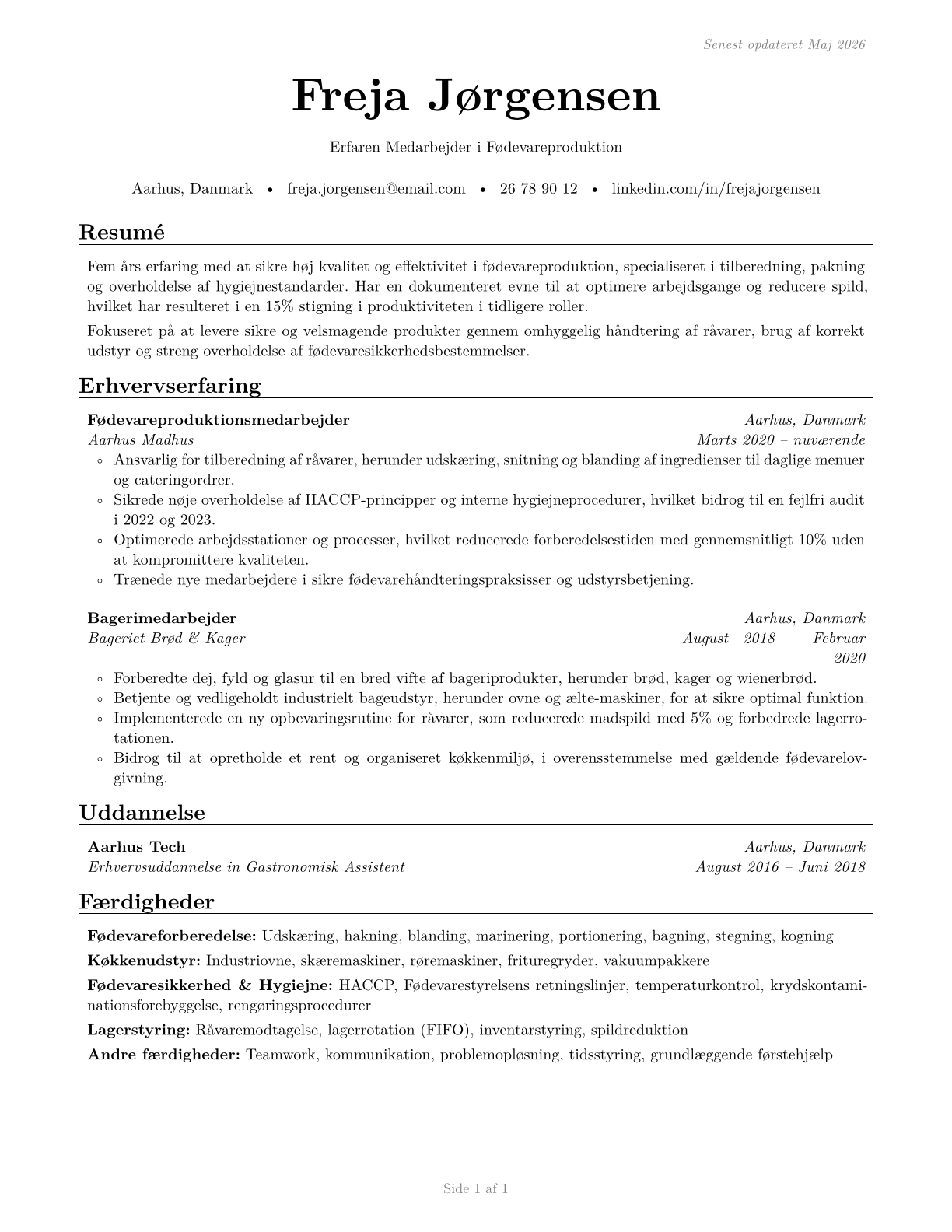 Food Preparation Workers CV in Danish — page 1