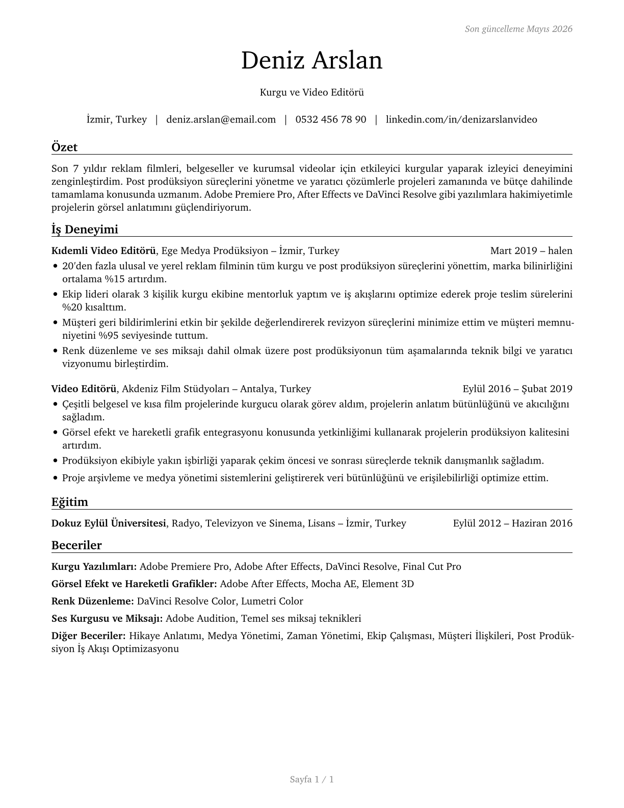 Film and Video Editors CV in Turkish — page 1