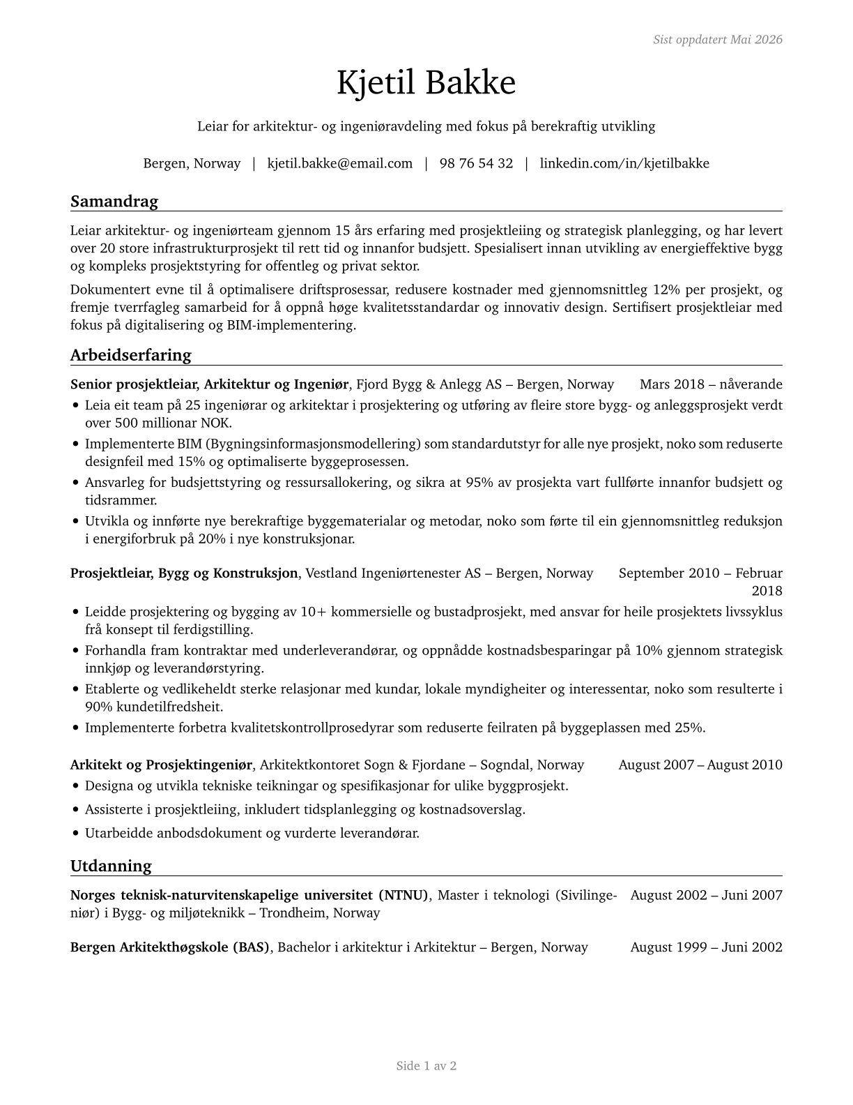 Architectural and Engineering Managers CV in Norwegian_nynorsk — page 1
