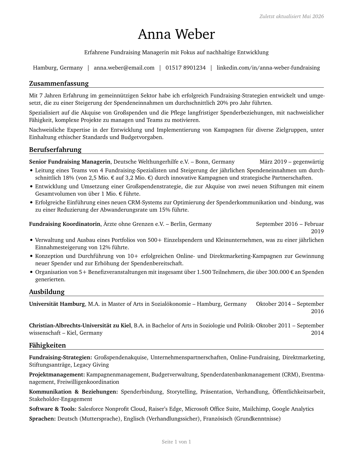 Fundraising Managers CV in German — page 1