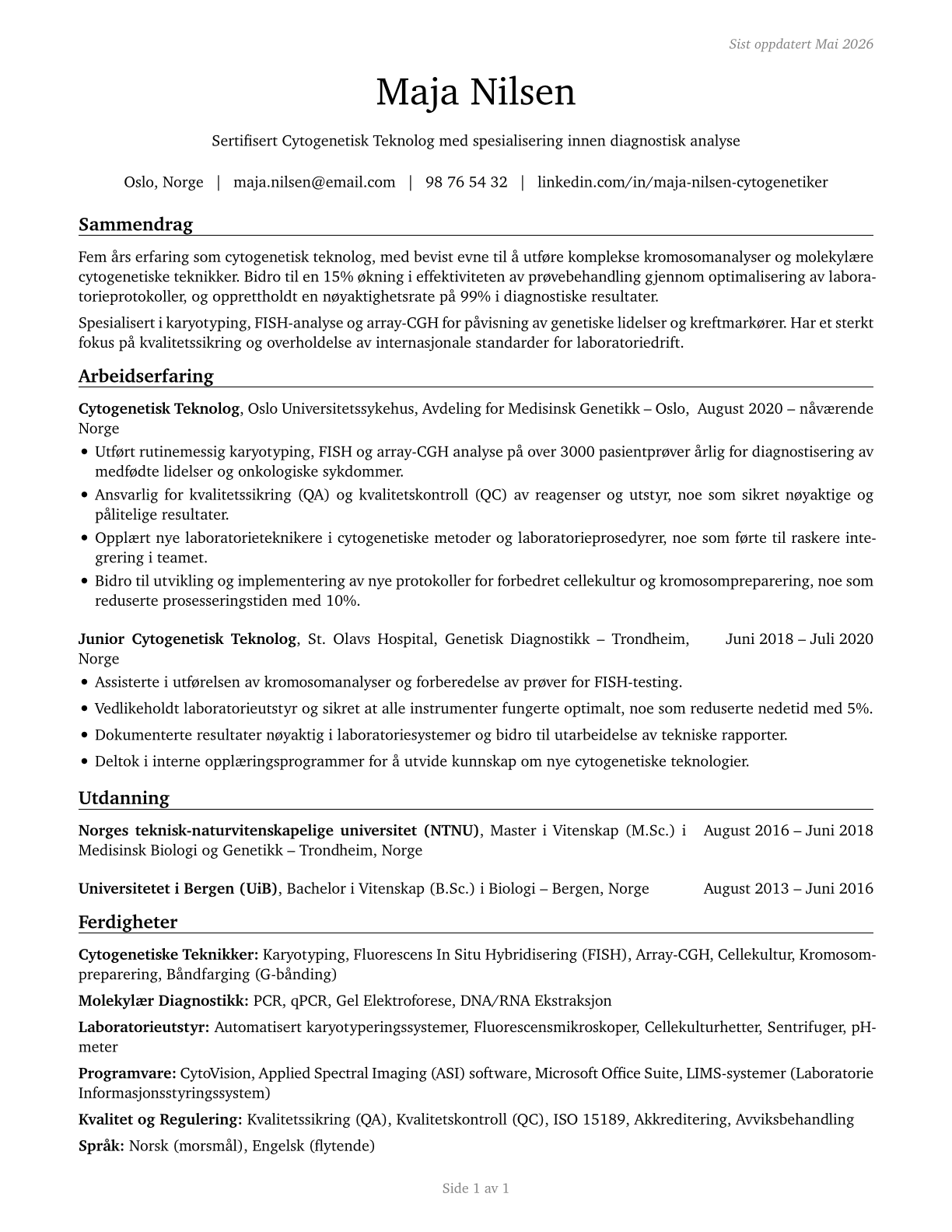 Cytogenetic Technologists CV in Norwegian_bokmal — page 1