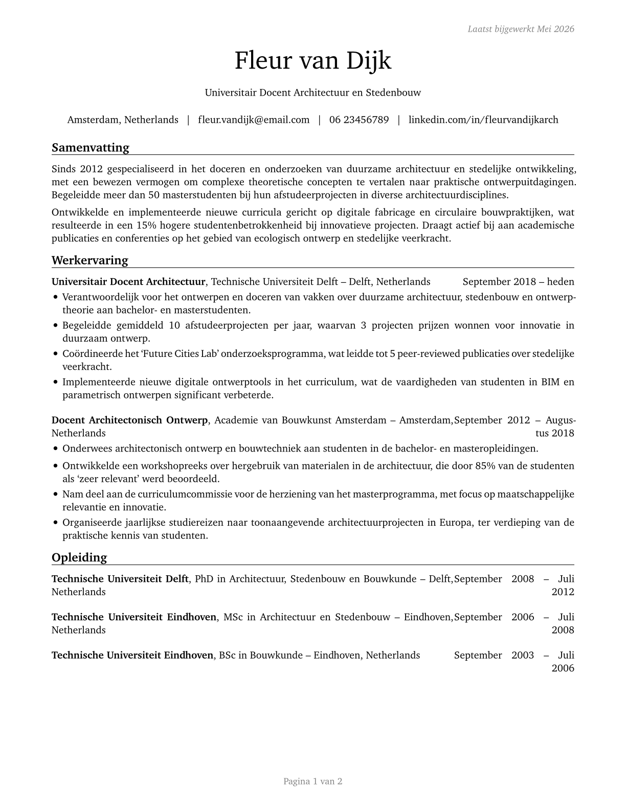 Architecture Teachers, Postsecondary CV in Dutch — page 1