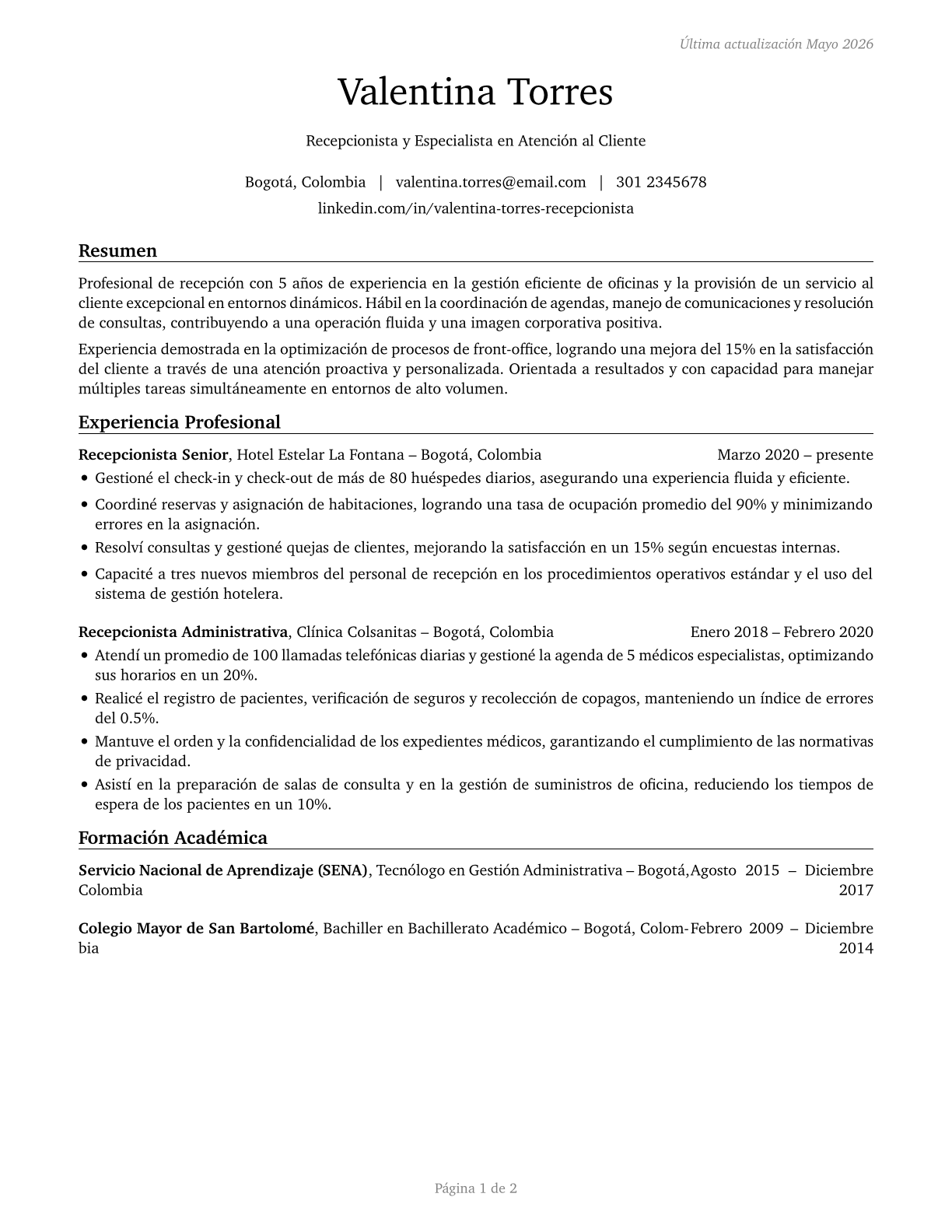 Receptionists and Information Clerks CV in Spanish — page 1