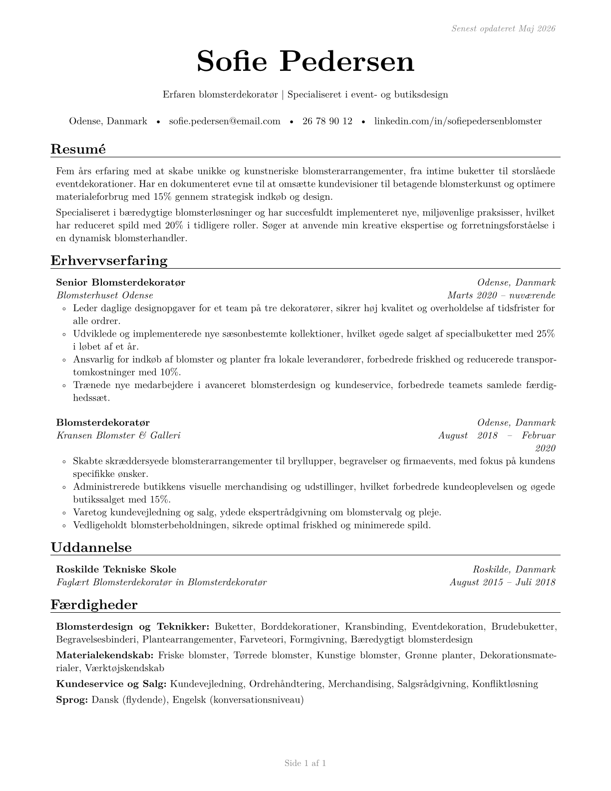 Floral Designers CV in Danish — page 1