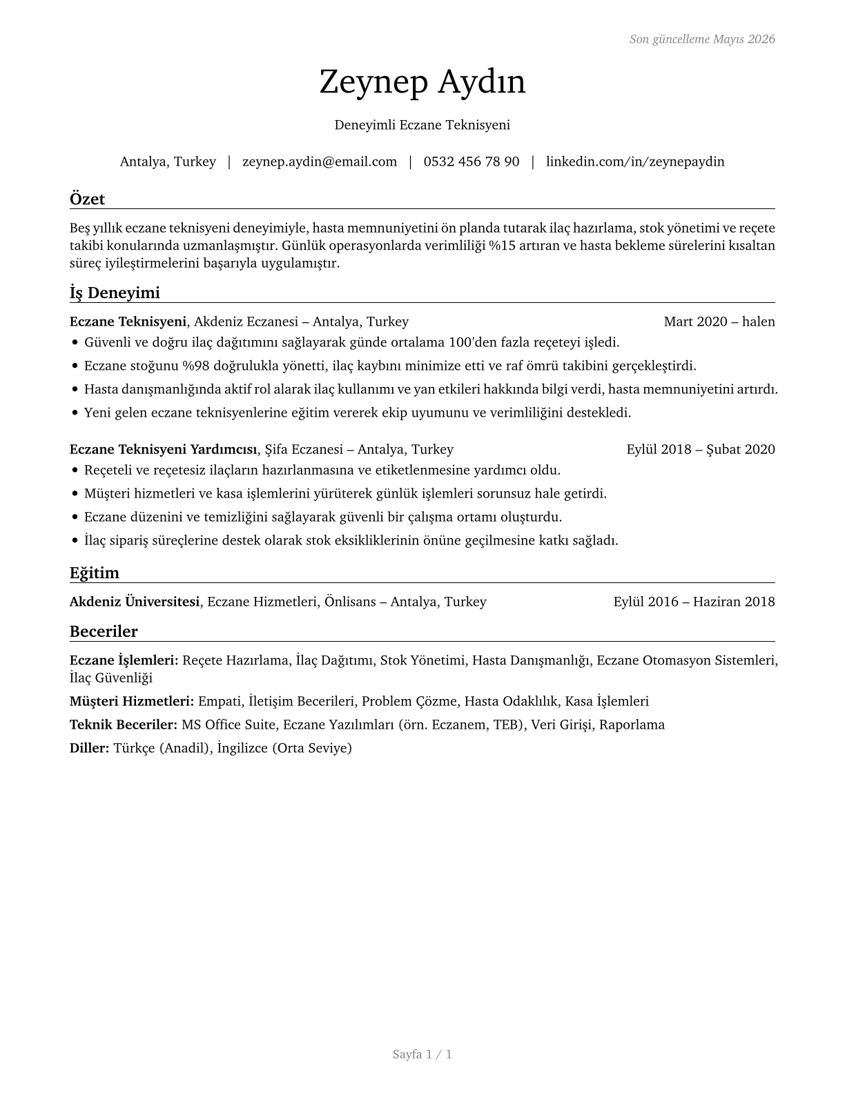 Pharmacy Aides CV in Turkish — page 1