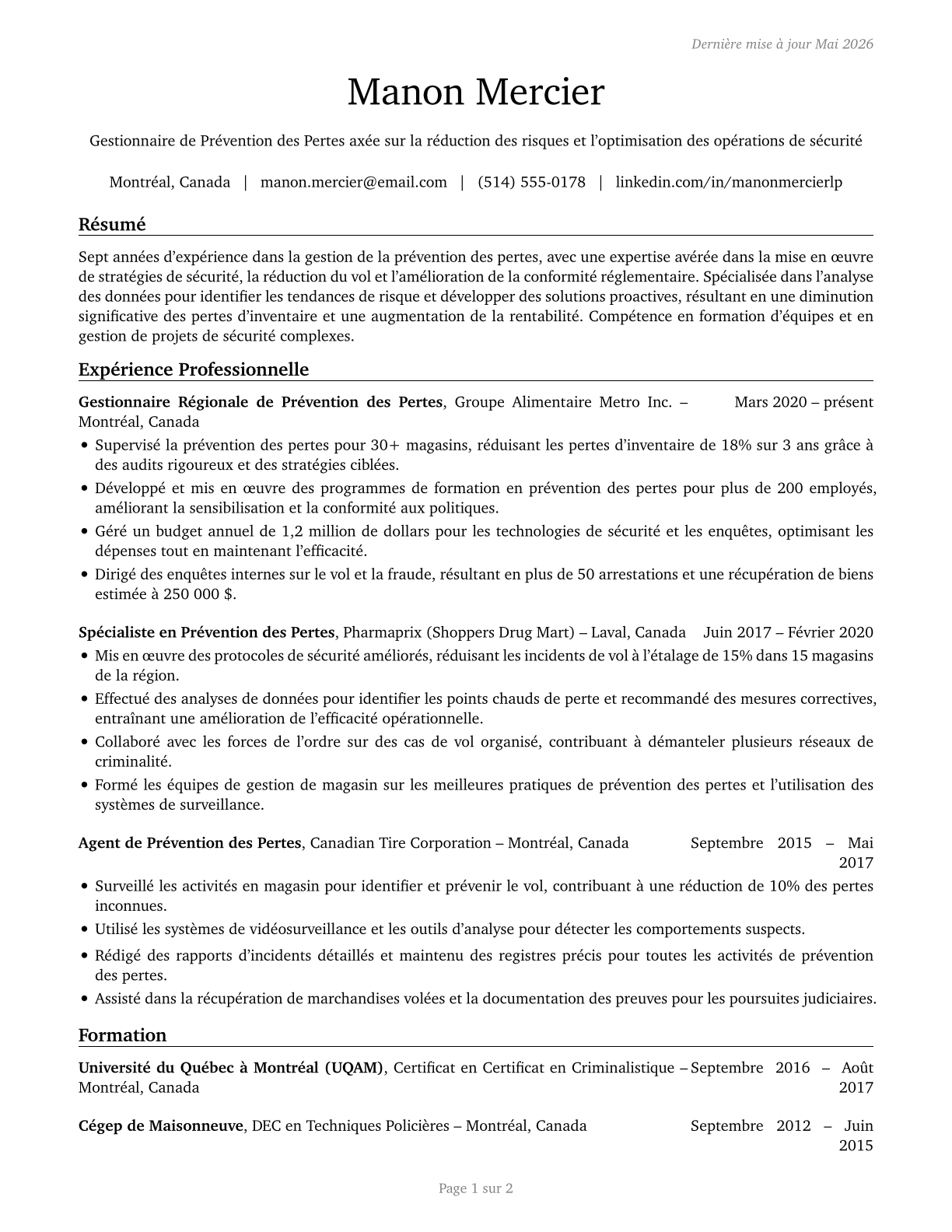 Loss Prevention Managers CV in French — page 1