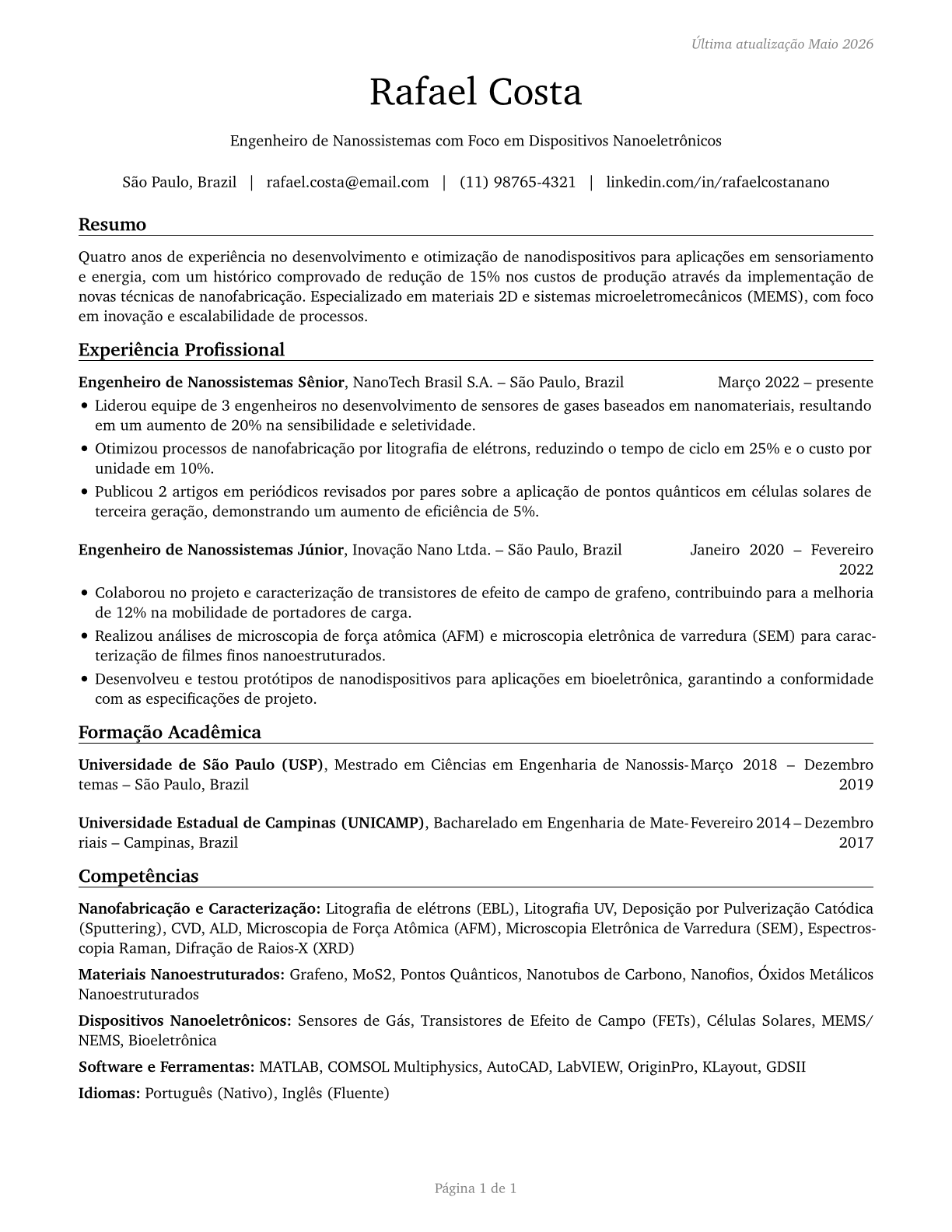 Nanosystems Engineers CV in Portuguese — page 1