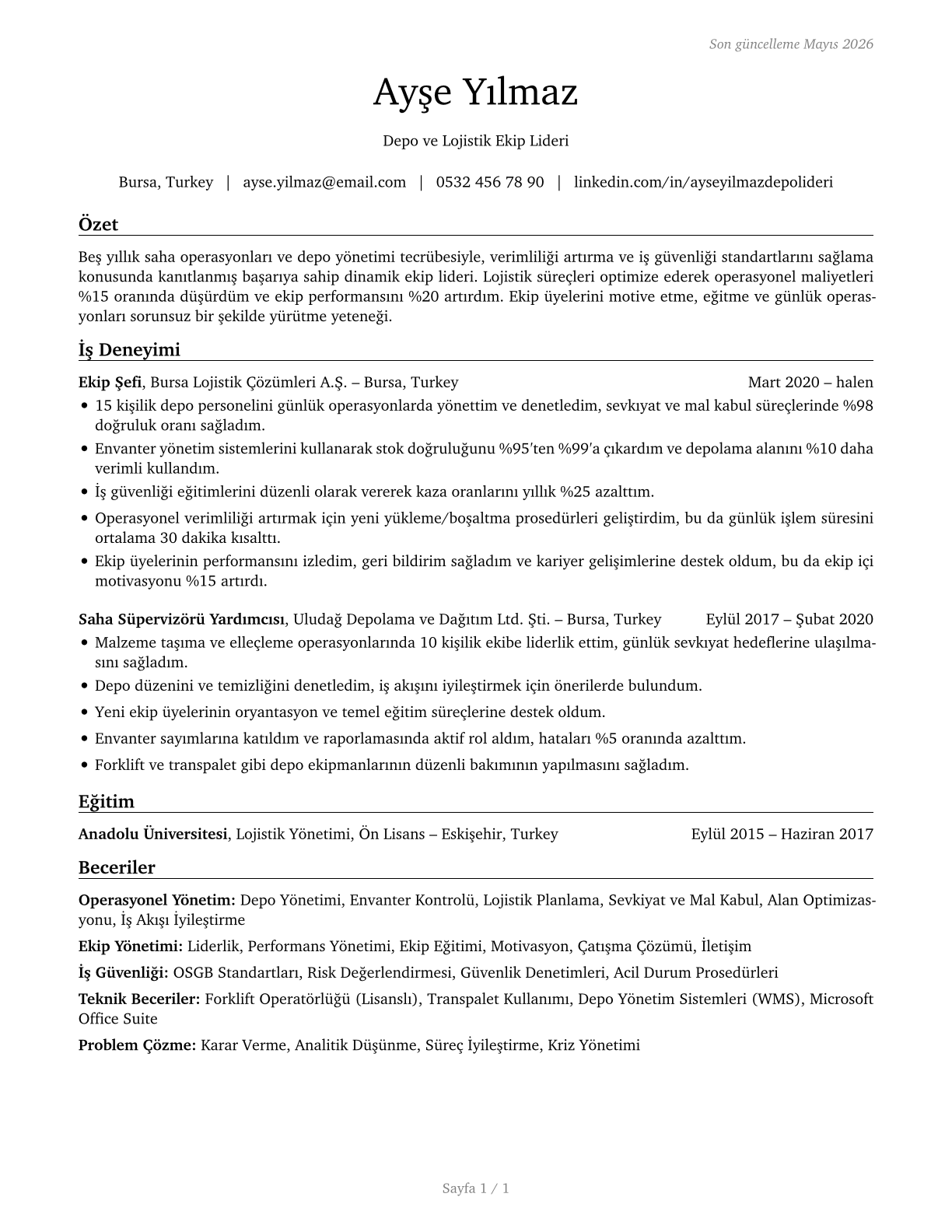 First-Line Supervisors of Helpers, Laborers, and Material Movers, Hand CV in Turkish — page 1