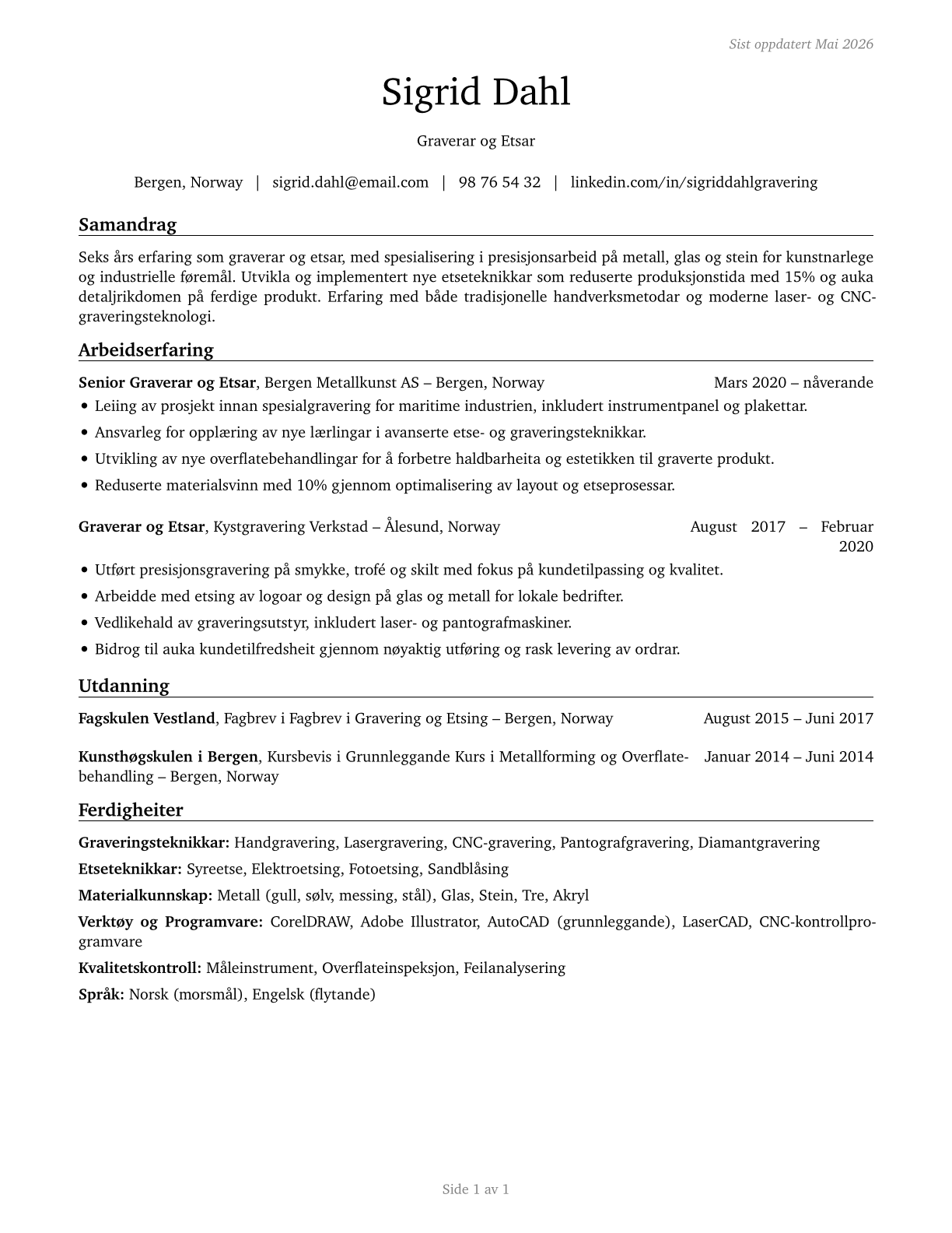 Etchers and Engravers CV in Norwegian_nynorsk — page 1