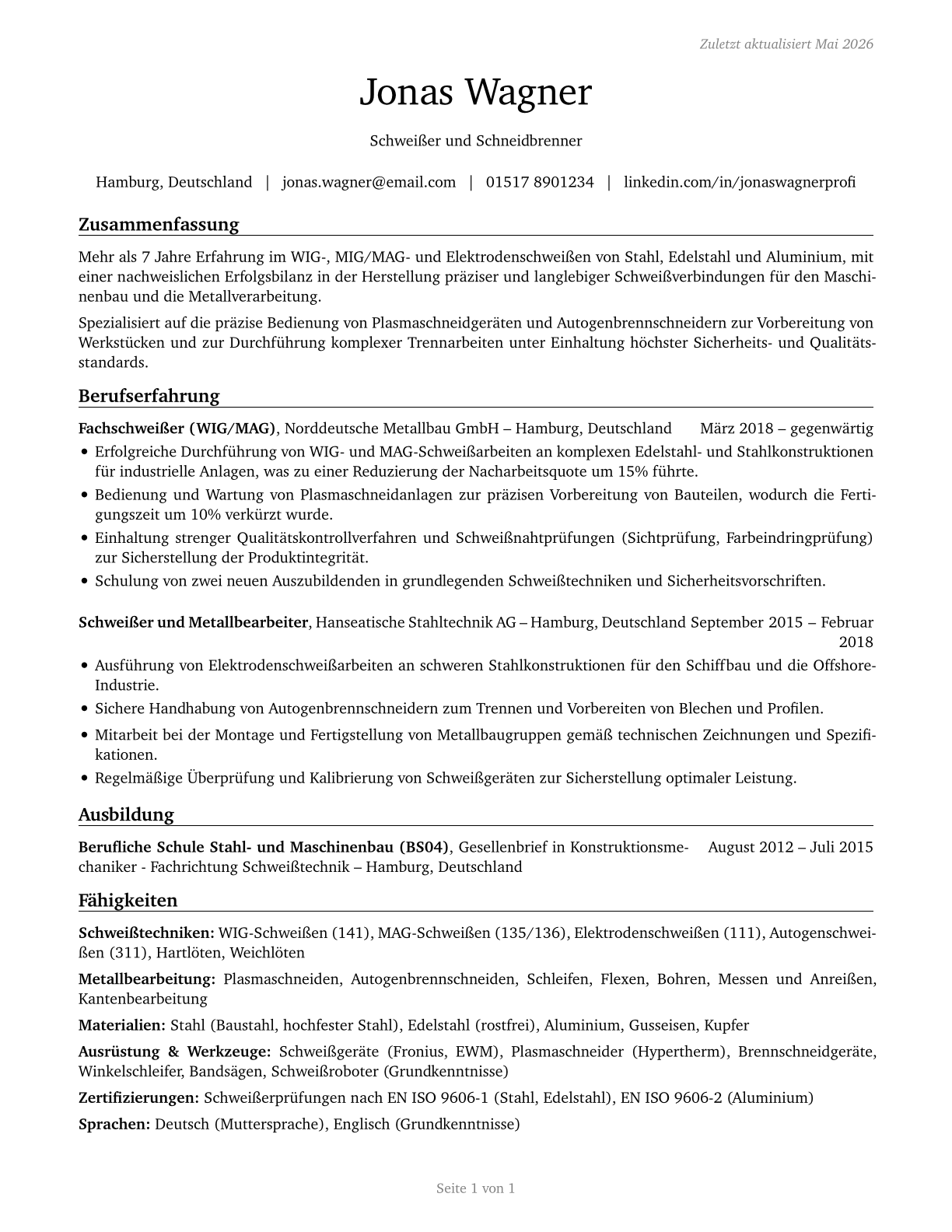 Welders, Cutters, Solderers, and Brazers CV in German — page 1