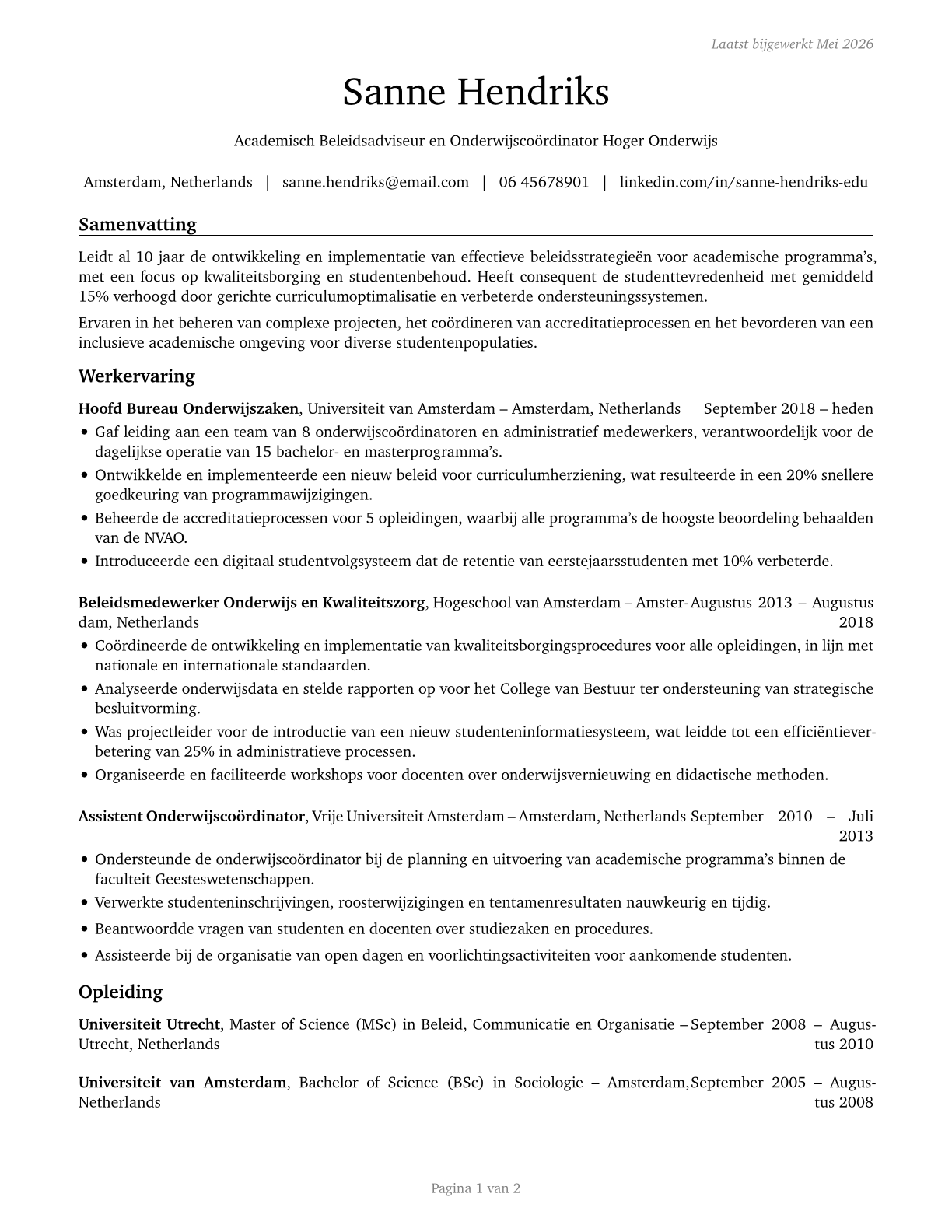Education Administrators, Postsecondary CV in Dutch — page 1