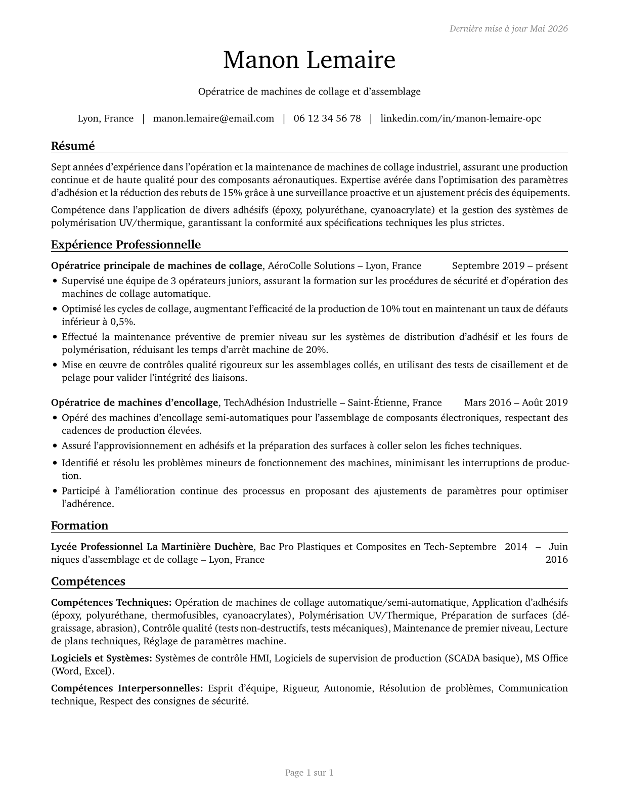 Adhesive Bonding Machine Operators and Tenders CV in French — page 1
