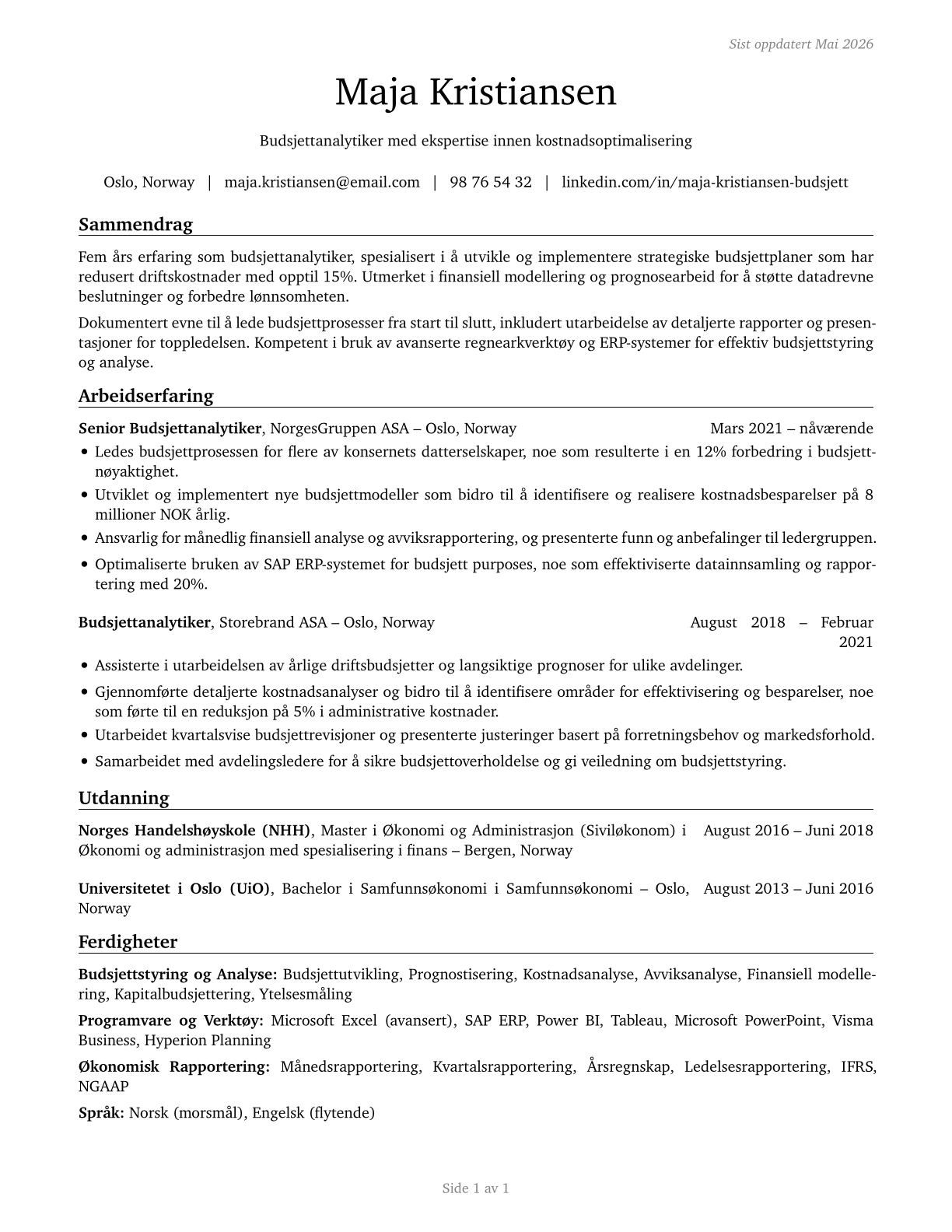 Budget Analysts CV in Norwegian_bokmal — page 1
