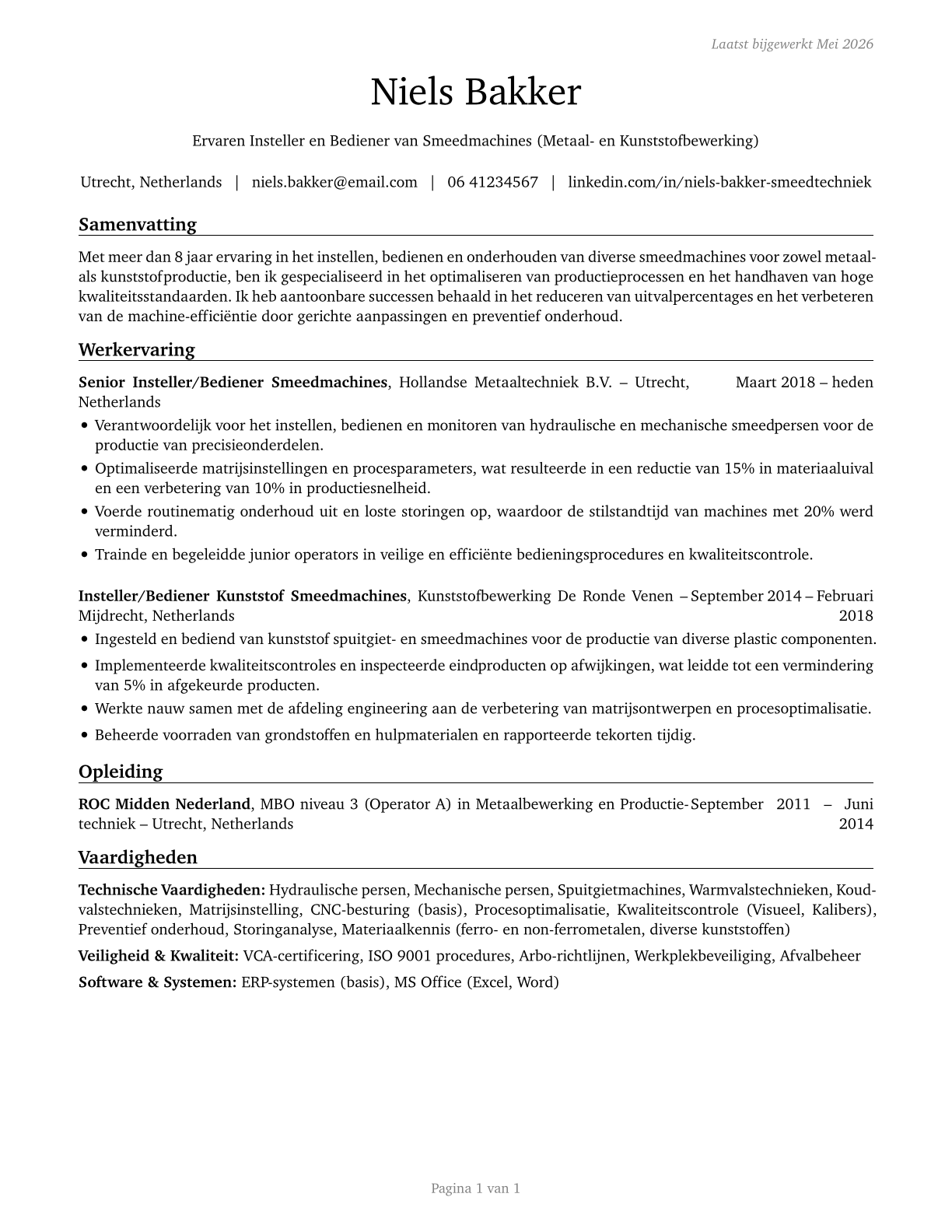 Forging Machine Setters, Operators, and Tenders, Metal and Plastic CV in Dutch — page 1